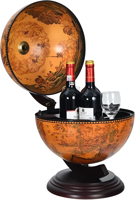 CASART Tabletop Globe Wine Stand, Nautical Chart Wooden Wine Bottle Holder Bottle Container, Antique Retro Style Drink Bottle Storage Cabinet for Bar, Kitchen and Living Room (Brown)