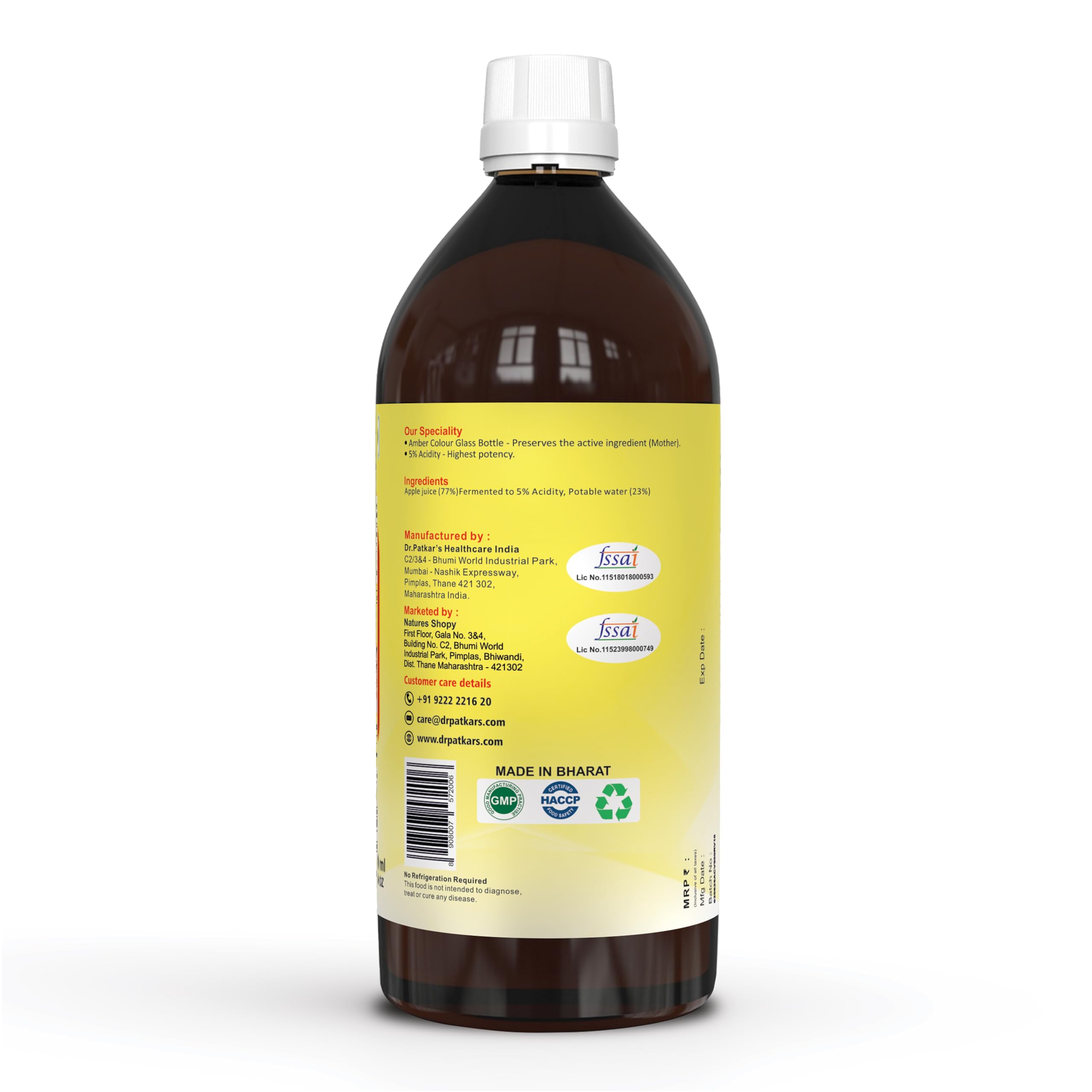 Dr Patkar’s Apple Cider Vinegar with Mother | Amber Glass Bottle| Raw & Unfiltered | Fermented Apples | Daily Wellness Vinegar | 1000 ml