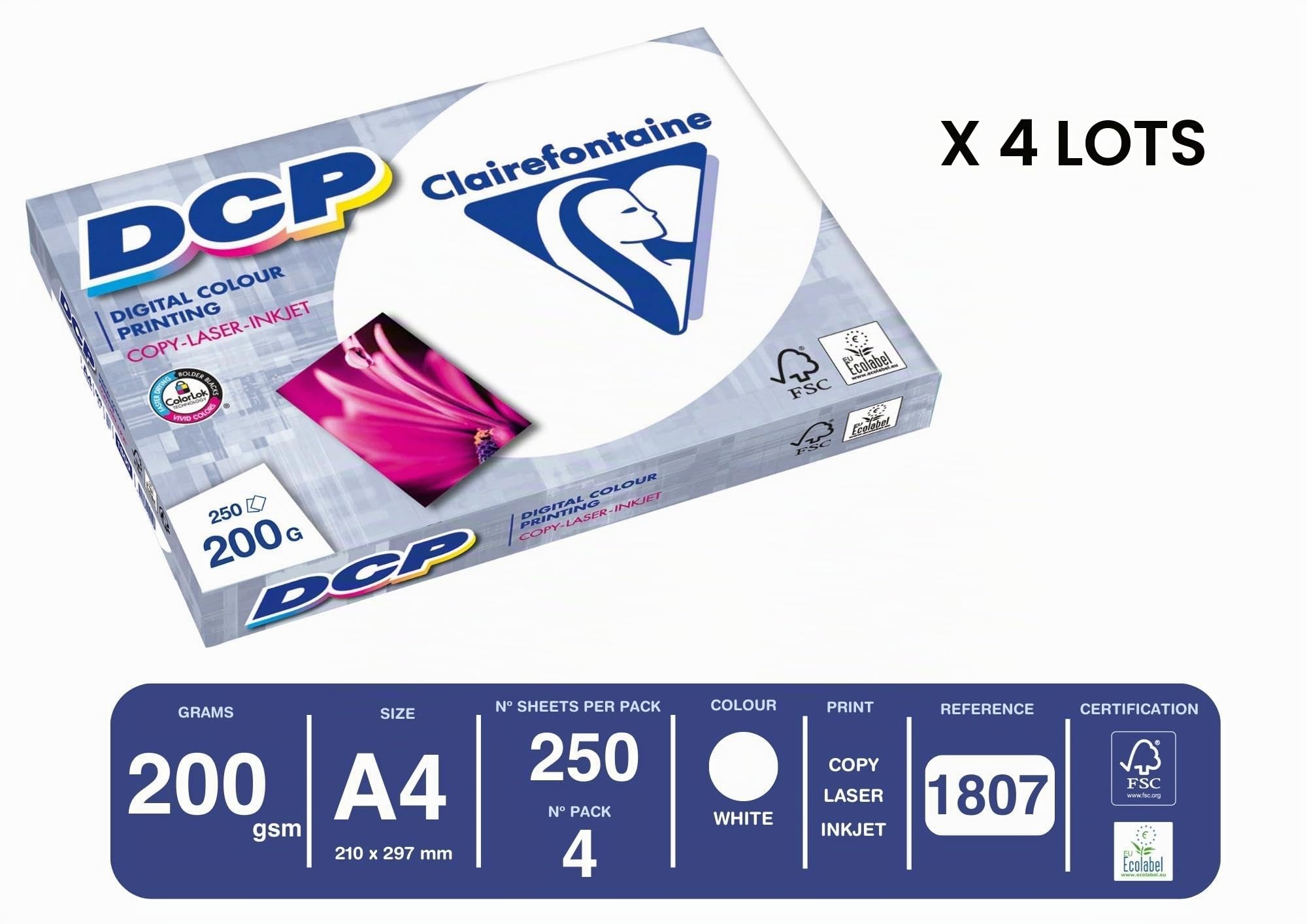 Clairefontaine - Réf. 1807C – 1000 feuilles de papier blanc au format A4 - Digital Color Printing 200 g/m² – Carton contenant 4 ramettes de 250 feuilles – Couleur : Blanc (170 CIE)
