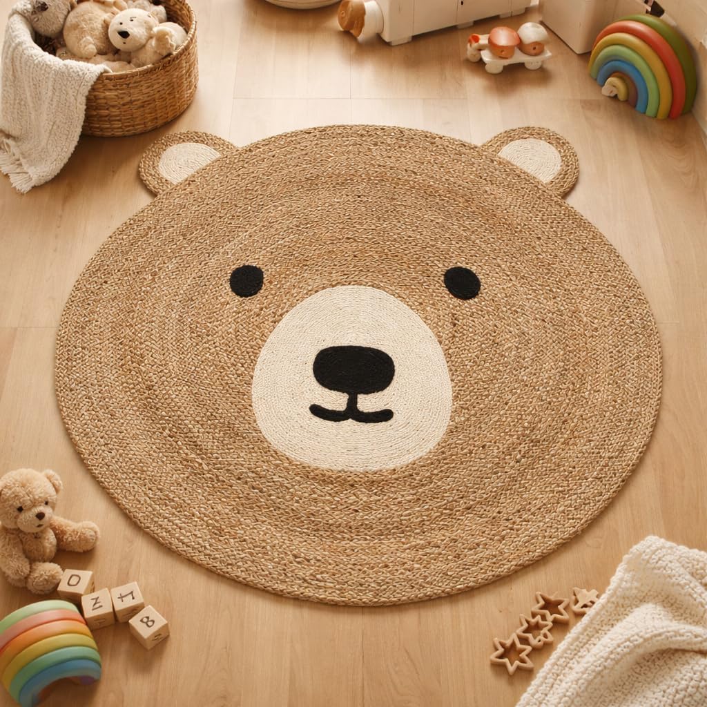 KLAVATE Living Room, Kitchen Hand Woven Carpet Braided Rug Decorative Jute Rugs for Farmhouse Modern Area Rugs Teddy Bear Pattern Braided Round Area Rugs for Kids Room