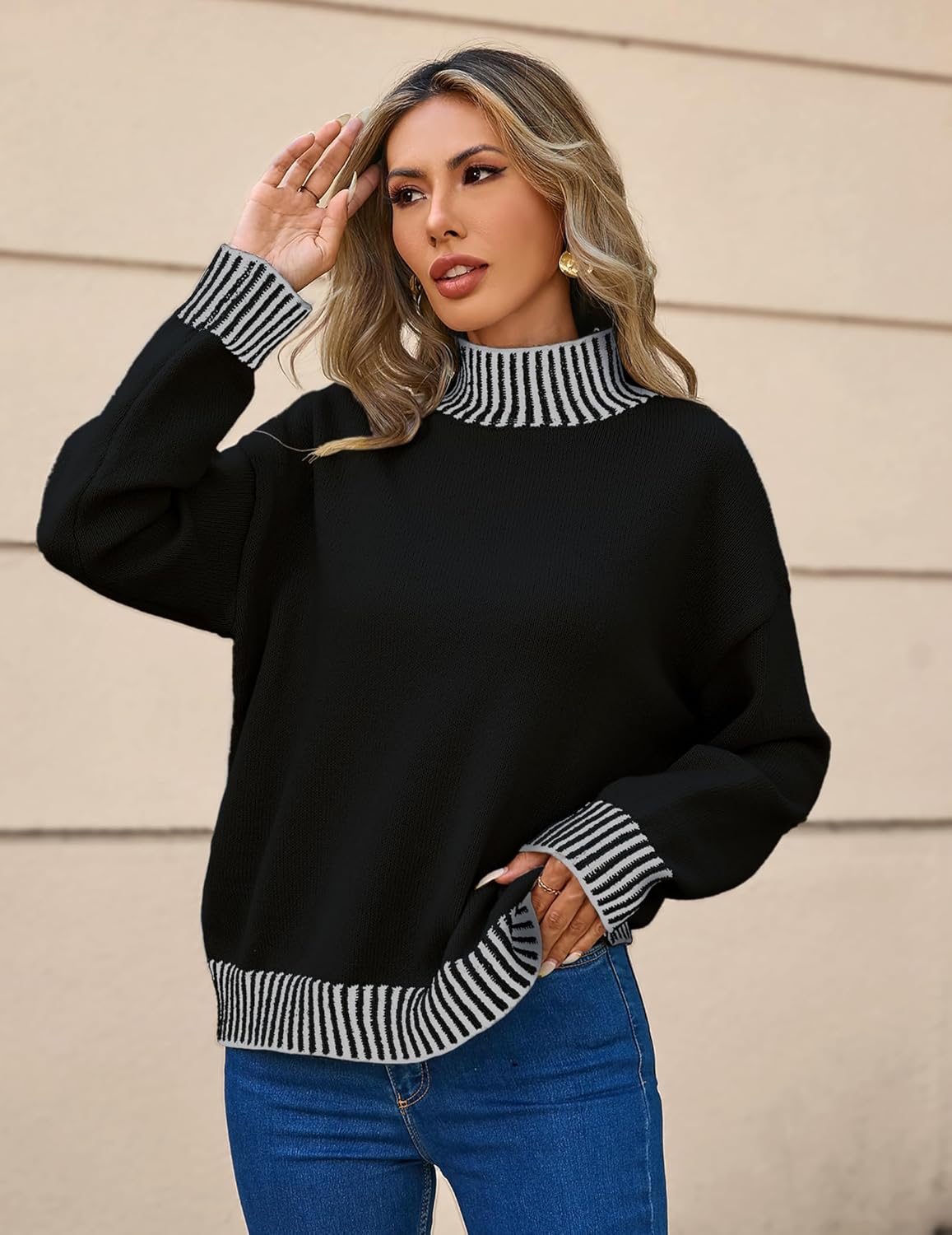 SunnyMelody Womens Oversized Turtle Neck Striped Sweater Fall 2025 Causual Ribbed Knit Long Sleeve Pullover Sweaters Tops - Image 4