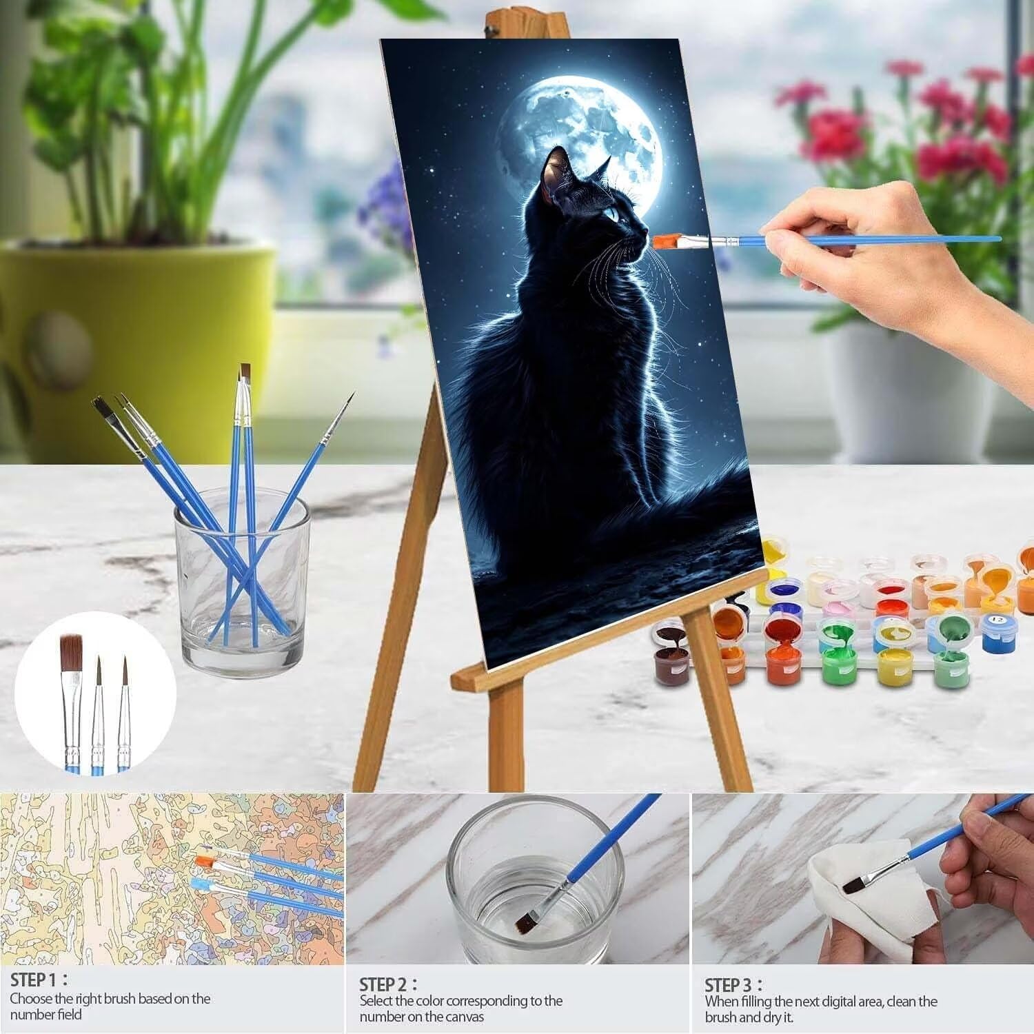 Kit De Pintura Por Números Gato Y Luna – Lienzo De 100x50 Cm Sin Marco, Pintura Acrílica Para Adultos Y Niños