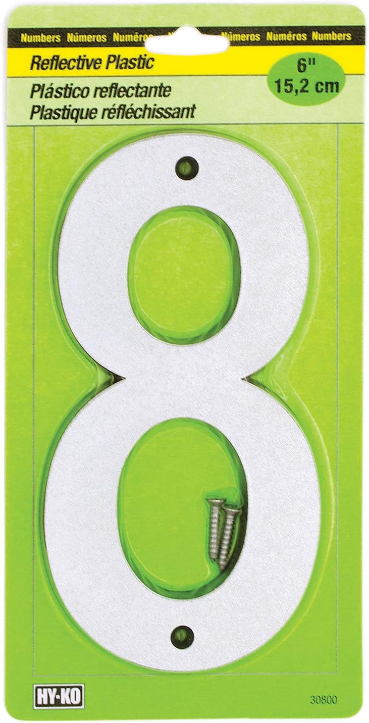 Hy-Ko 6” Classic Reflective Plastic House Number, Modern Raised Numbers for Exterior House, Durable Convenient Marking for Home Address with Included Mounting Hardware for Simple Installation