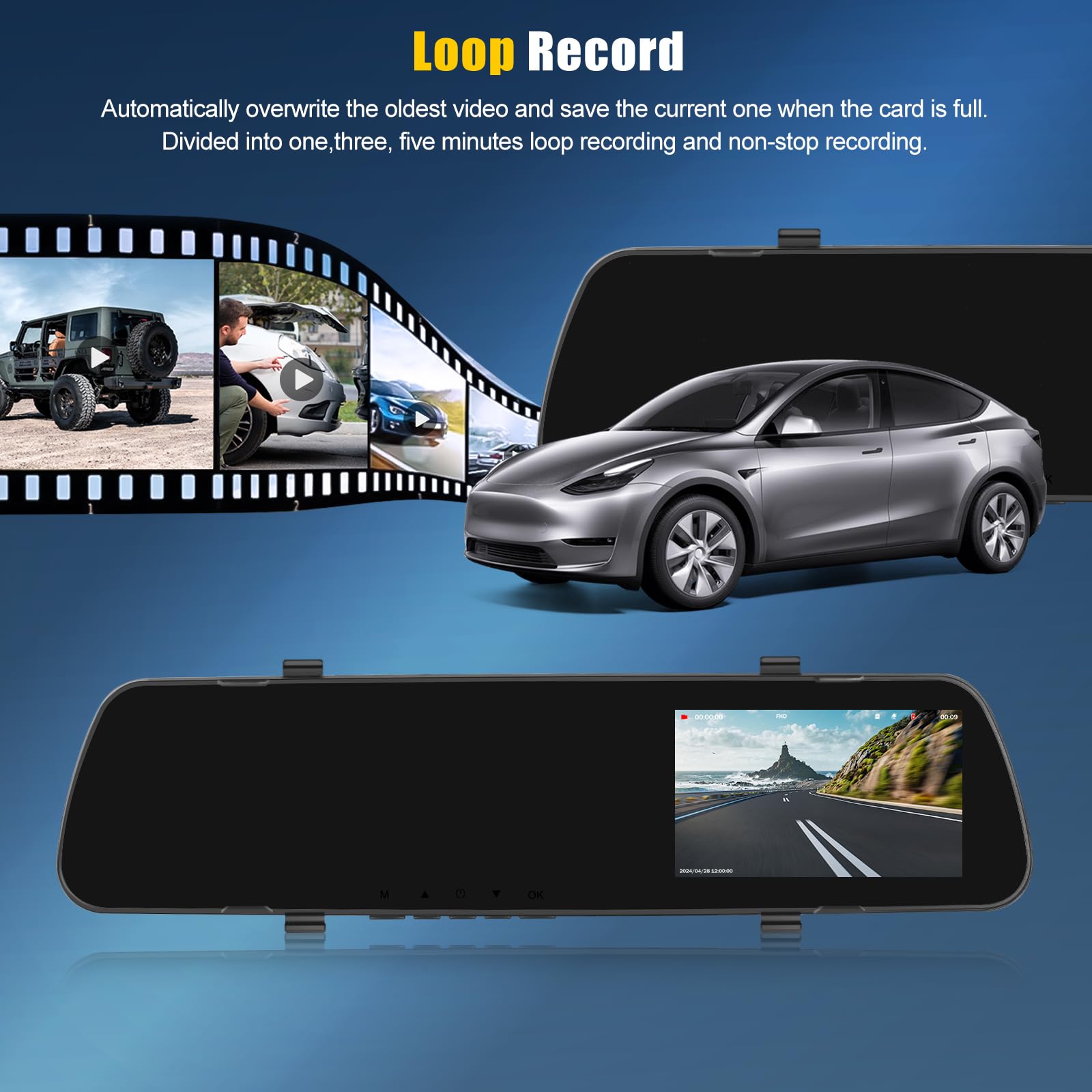 OiLiehu Cámara Salpicadero 1080P HD con Pantalla Táctil 4,0 Pulgadas, 480P Cámara Visión Trasera, Grabación en Bucle, Asistente de Marcha Atrás, Detección de Movimiento, Rotación de Lentes