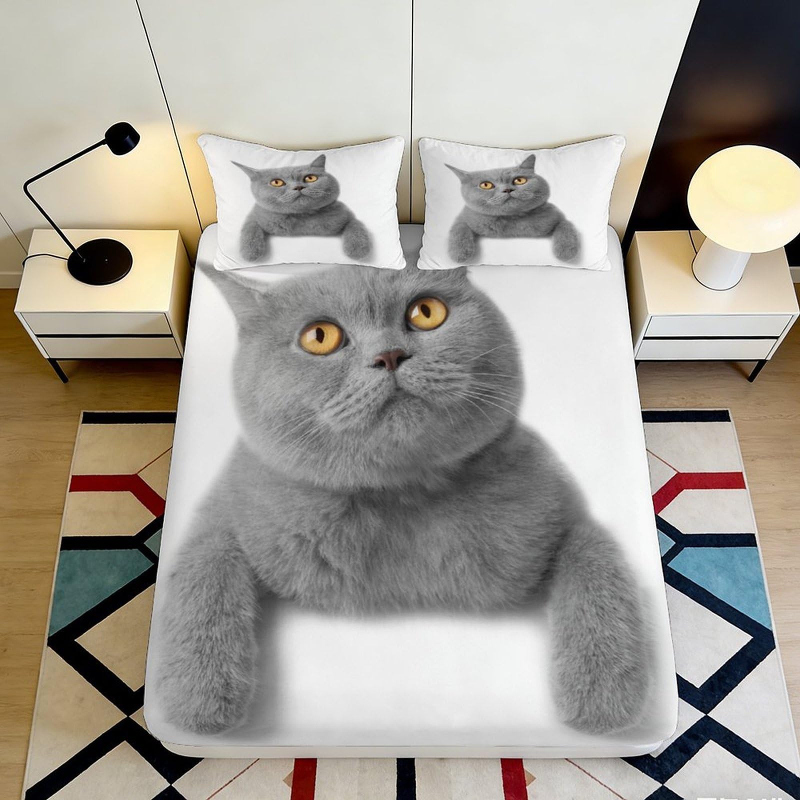 3D Printed Grey Cat Fitted Sheet Microfiber Soft Breathable 3D Printed Cat Face Bed Cover for Bedroom Dormitory Guest Room Mattress Protection 200x200x25cm
