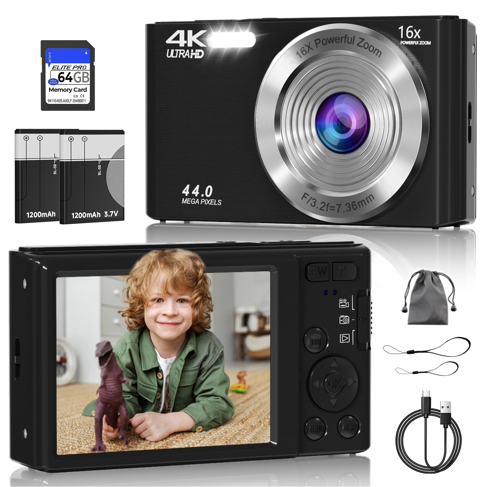 Digital Camera, FHD 4K 44MP Digital Camera, 16X Digital Zoom, Digital Point and Shoot Camera with 3-LED Fill Lights, 64GB SD Card, Compact Camera for Kids Teen Boys Girls, Black