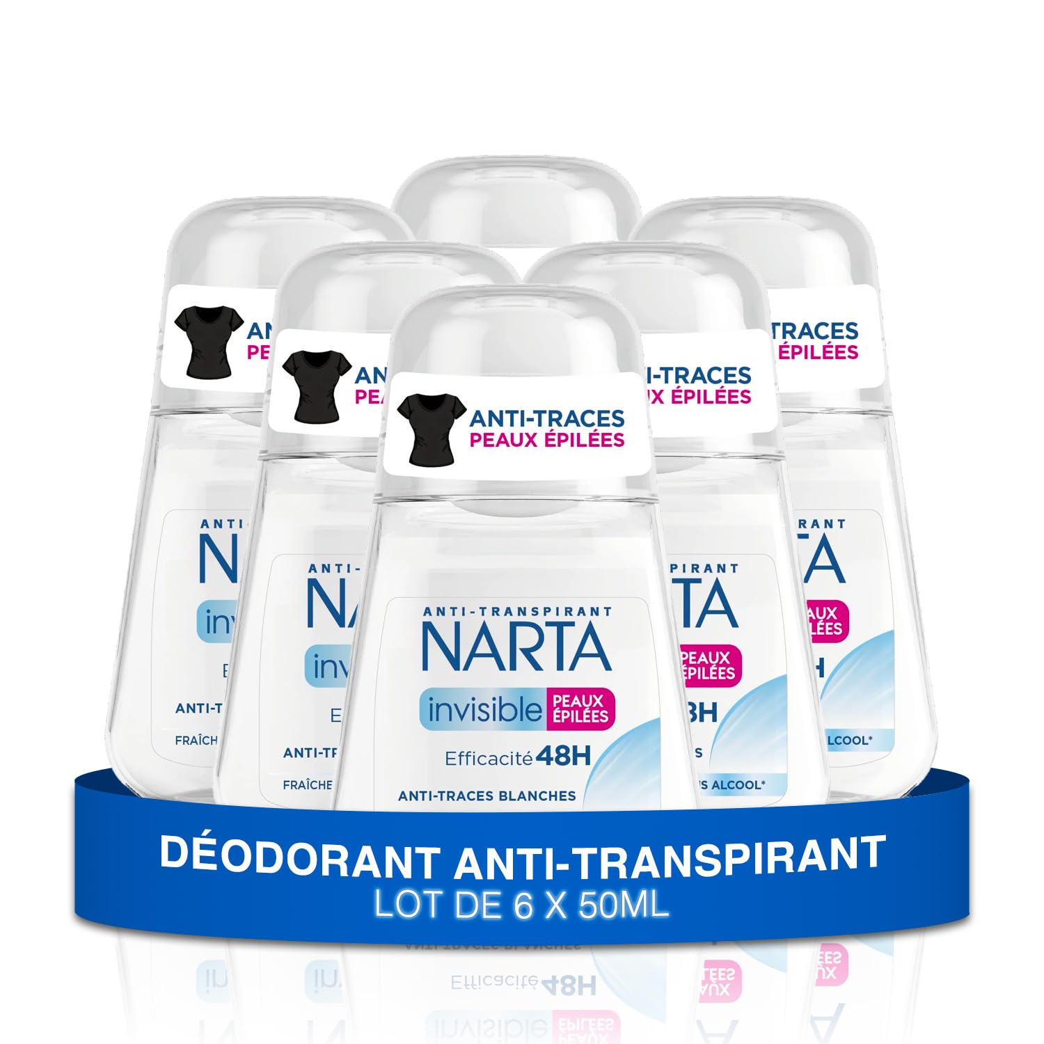 Narta - Deodorante da donna a sfera – invisibile, anti-traspirante, per pelli epilate, efficacia 48 ore, anti-impronte bianche, senza alcool, confezione da 6 x 50 ml