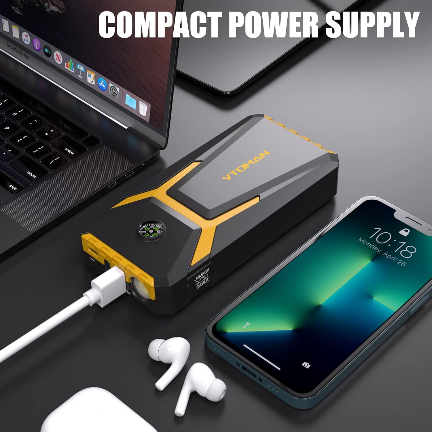 VTOMAN V6 Pro being used as a compact power supply for a phone and earbuds