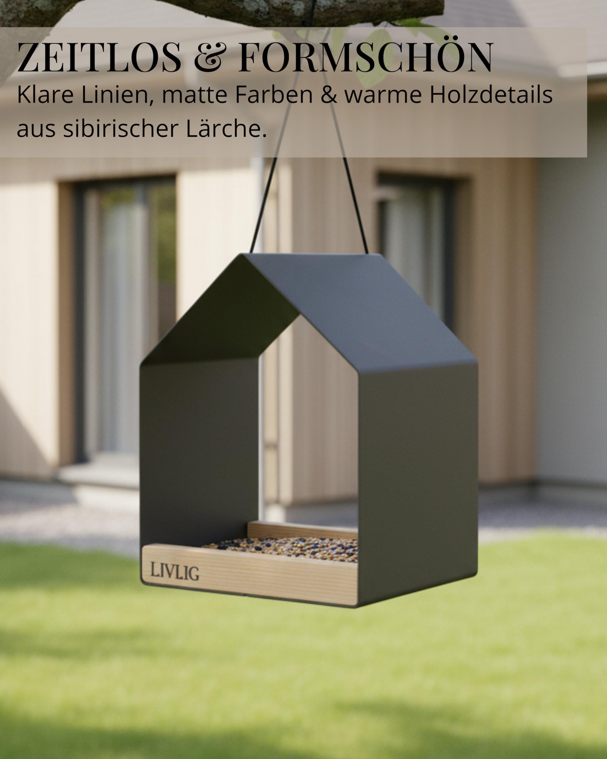 LIVLIG Vogelhaus Metall – 2in1 Vogelfutterhaus & Vogeltränke, Design Vogelhaus zum Aufhängen, wetterfestes Futterhaus für Vögel ganzjährig, Futterspender Vögel, Anthrazit