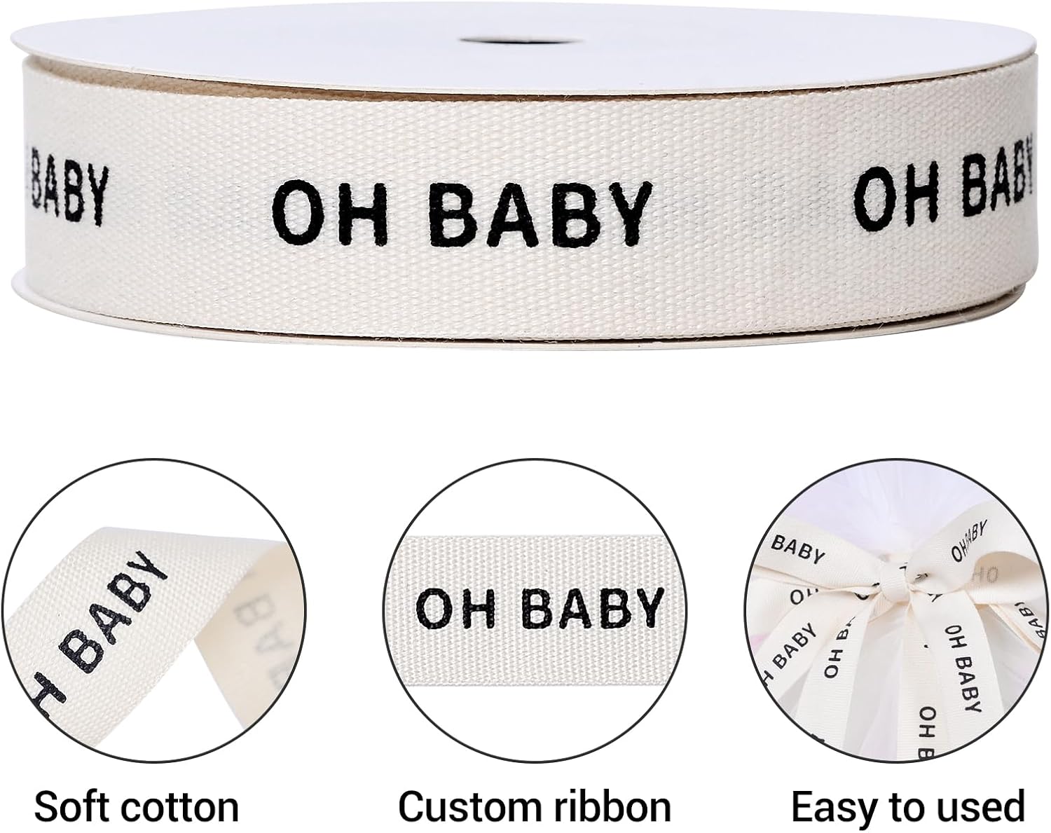 Ribest Cotton Oh Baby Ribbon, 5/8 inch × 10 Yard, Natural Cream Ribbon for Wrapping Crafts Bows Birthday Decoration