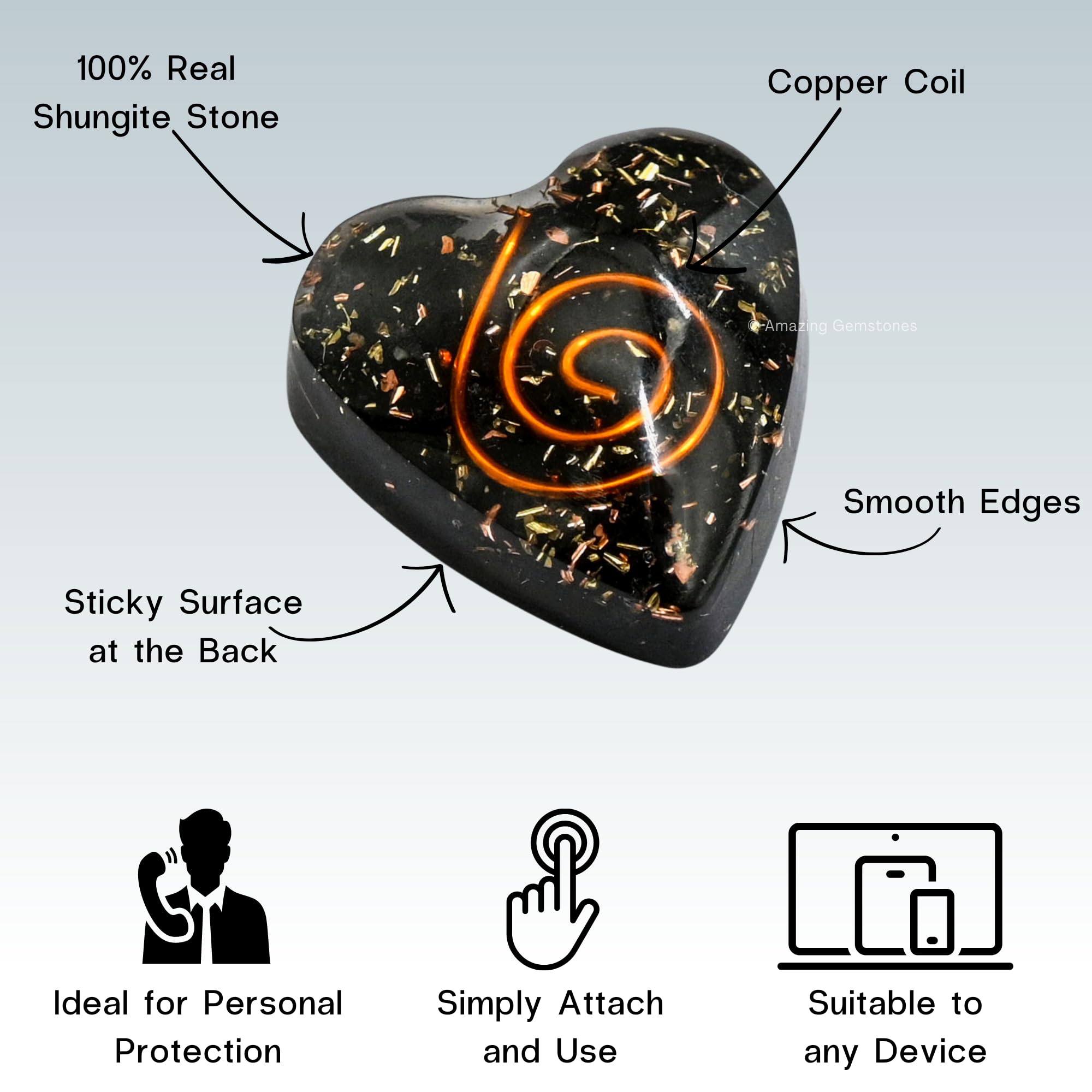 Autocollant Anti-Rayonnement Shungite - Forme Cœur, Protection Ondes Électromagnétiques Pour Téléphone, Tablette, Ordinateur Portable Plaque Shungite Naturelle Cœur
