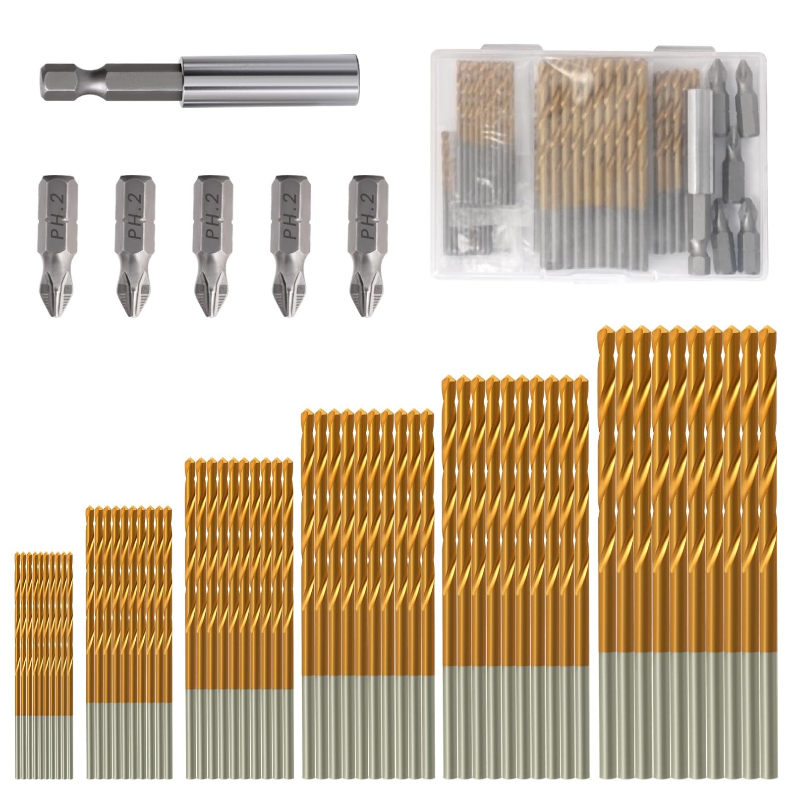 CYLBAQ HSS Drill Bit Sets with Phillips Cross Head Screwdriver Bit Set, 60pcs 1-3.5mm Titanium Coated Twist Drill Bits Set and 5pcs 25mm PH2 1/4’’ Hex Shank Screwdriver Bit with 60mm Bit Holder