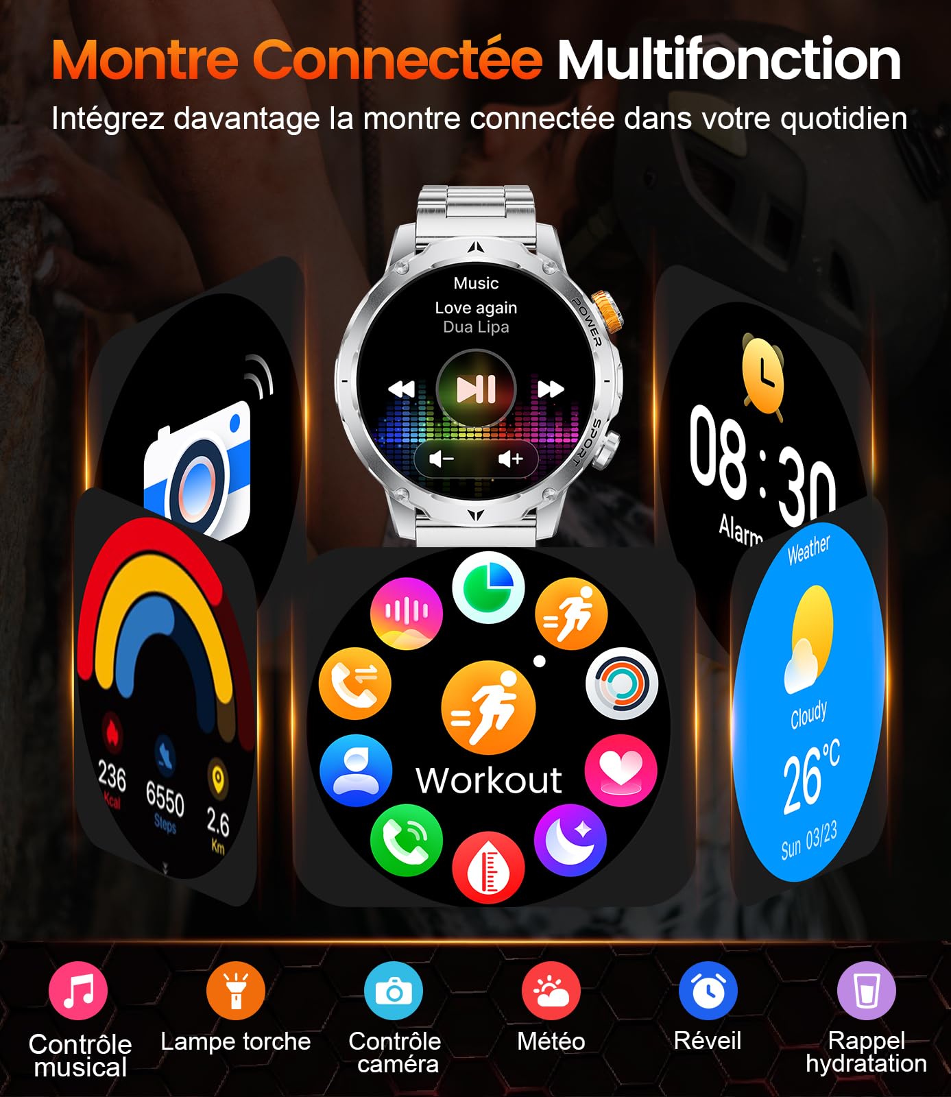 LIGE 1000mAh Montre Connectée Homme, 1,7" Smartwatch Militaire avec 110+ Modes Sportifs, IP68 Étanche, Appel Bluetooth, 24H Fréquence Cardiaque, Podomètre Android iOS,3 Bracelets,2 Chargeurs,EF24-B