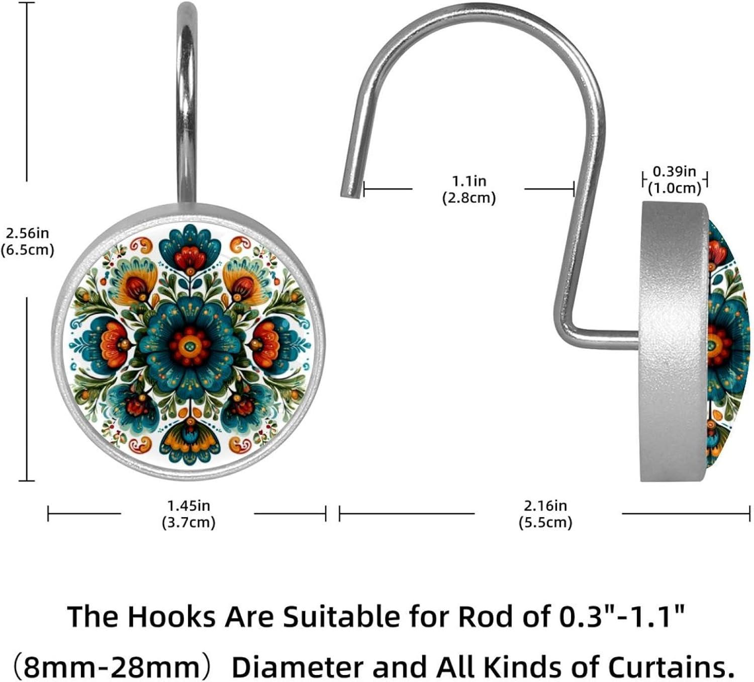 Norwegian Rosemaling Folk Style Flower (23) Rolling Shower Curtain Hooks,Clear Crystal Glass Art Decorative Stainless Bath Bathroom Set 12 Pcs