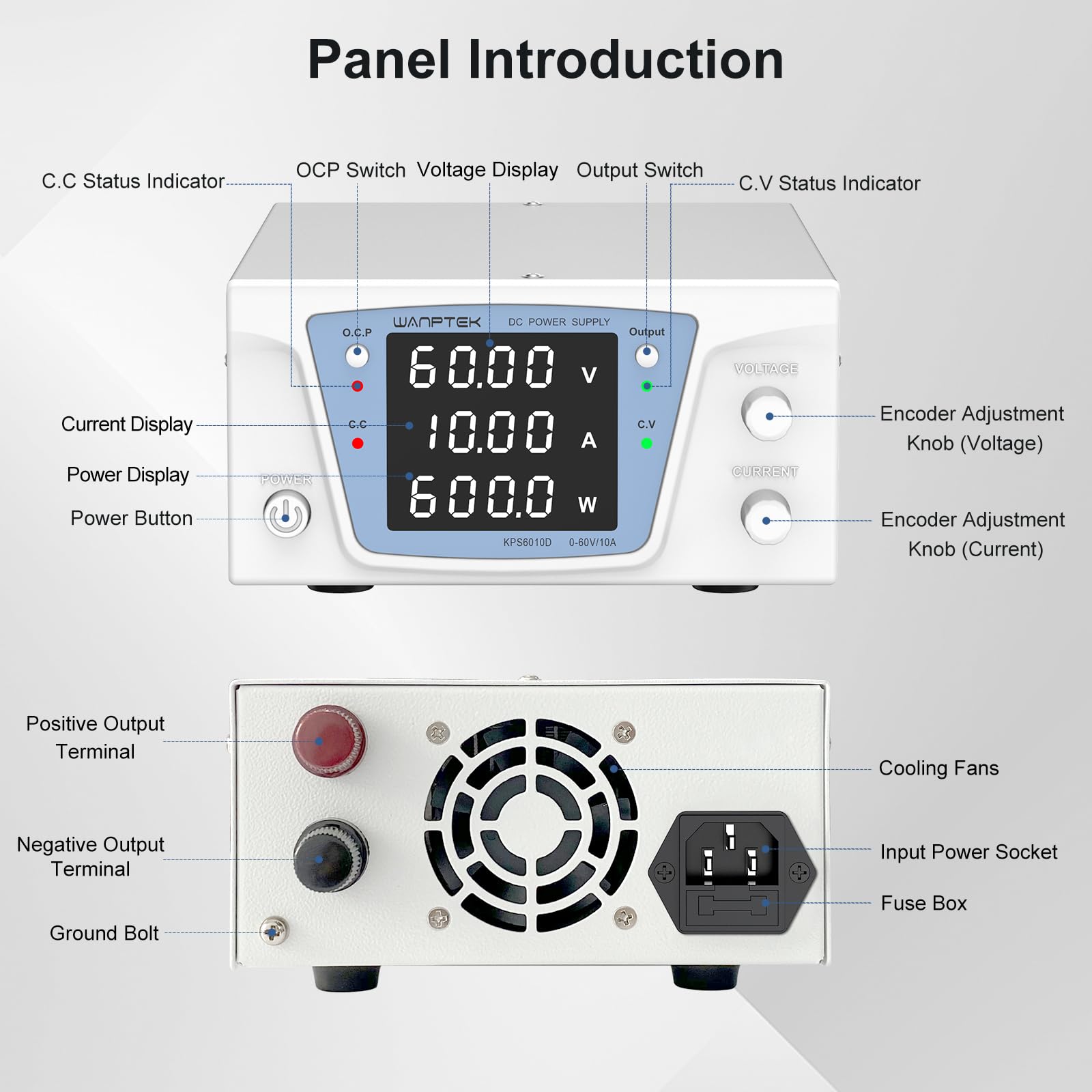 Alimentatore da Laboratorio 60V 10A 600W, Alimentatore da Banco DC Regolabile ad Alta Potenza, Display LED 4 Cifre ad Alta Precisione, Controllo Encoder e Pulsante Output