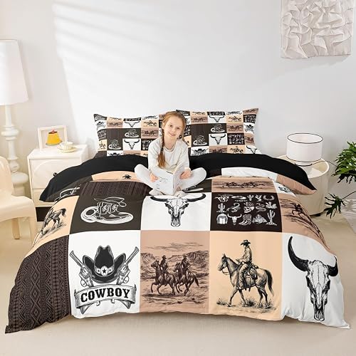 Western Cowboy Duvet Cover Set Queen Size,Bull Skull Horse Aztec Print Bedding S