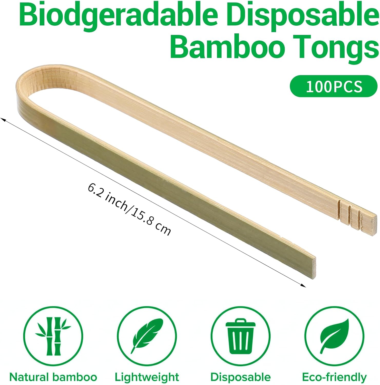 100 Pcs Bamboo Tongs, 6.2 Inch Disposable Small Wooden Tongs for Charcuterie Toaster Serving Food Natural Green for Catering Buffet Appetizer Wedding Holiday Party Supplies