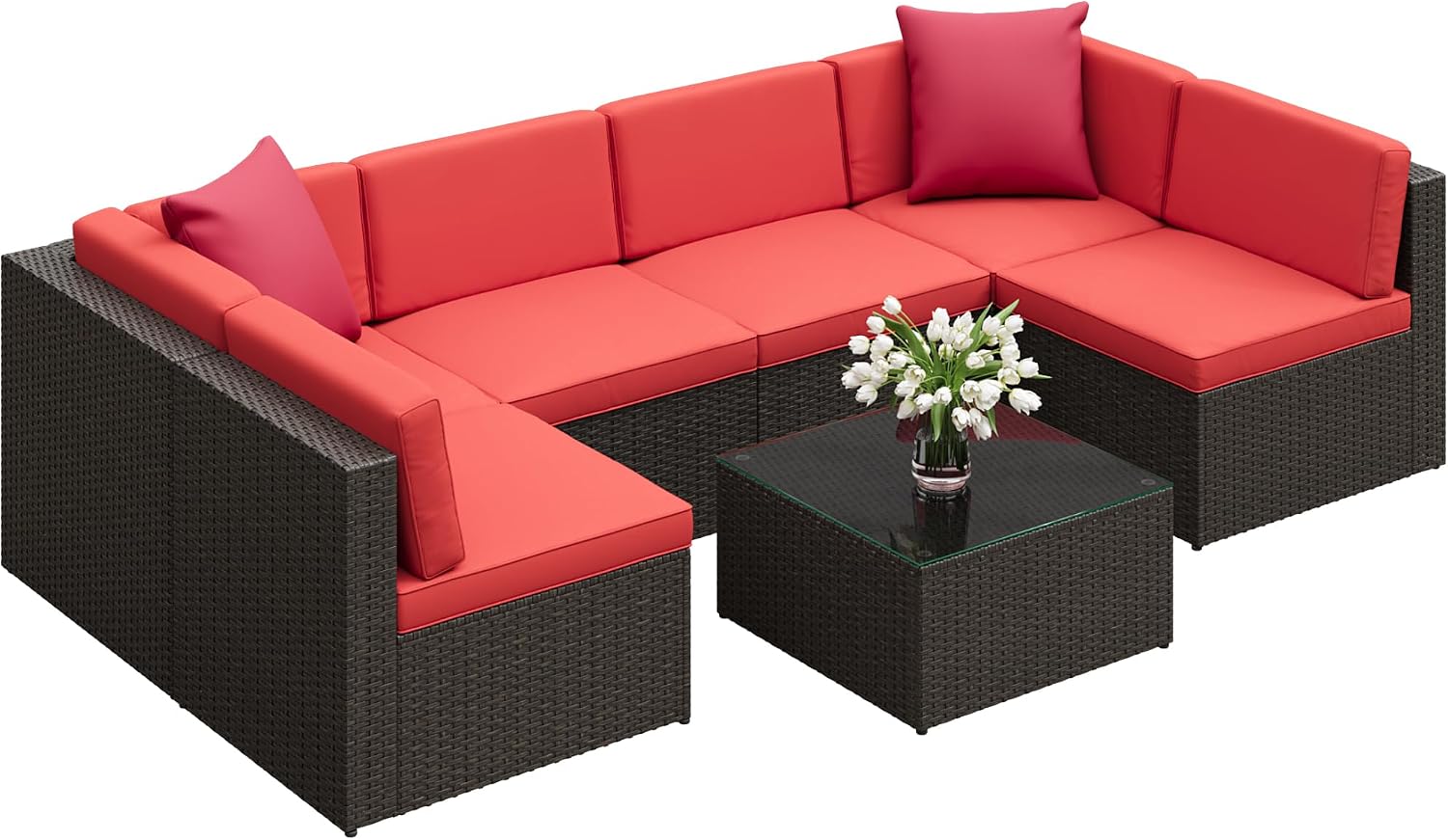 JUMMICO 7-Piece Outdoor Patio Furniture Set, All-Weather PE Rattan Sectional Sofa with Glass Coffee Table & Modular Seating for Garden, Backyard, Poolside, Red