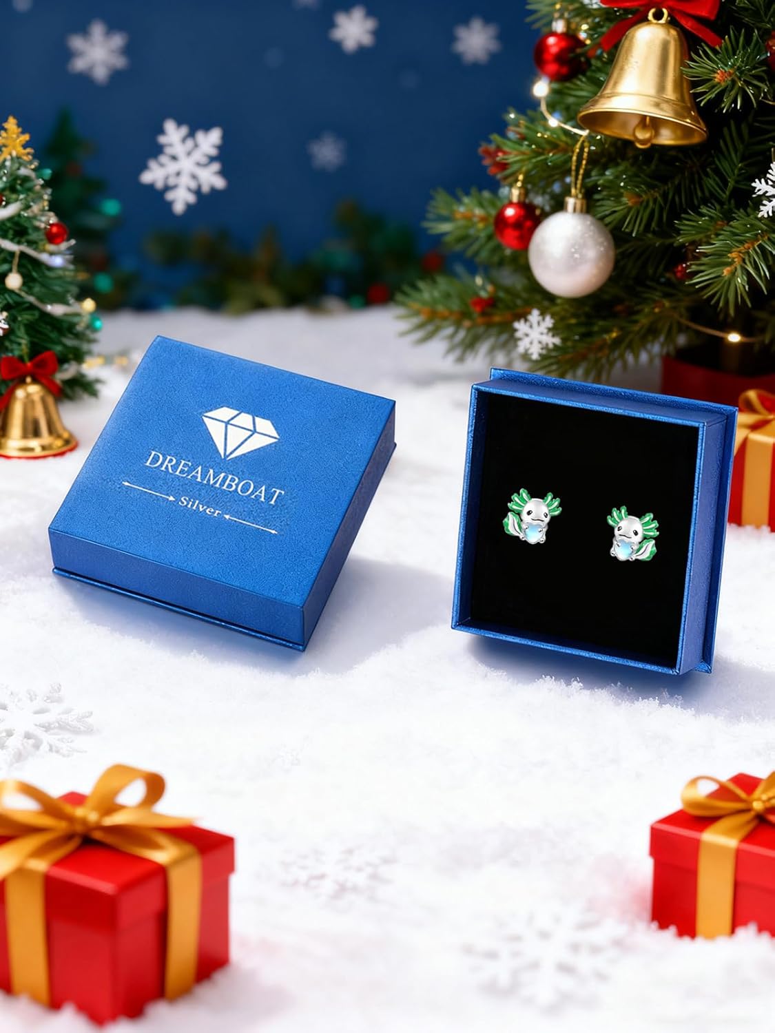 Dreamboat Cute Axolotl Stud Earrings for Women 925 Sterling Silver Hypoallergenic Moonstone Heart Animal Cartilage Earring Christmas Birthday Jewelry Gifts for Sensitive Ears