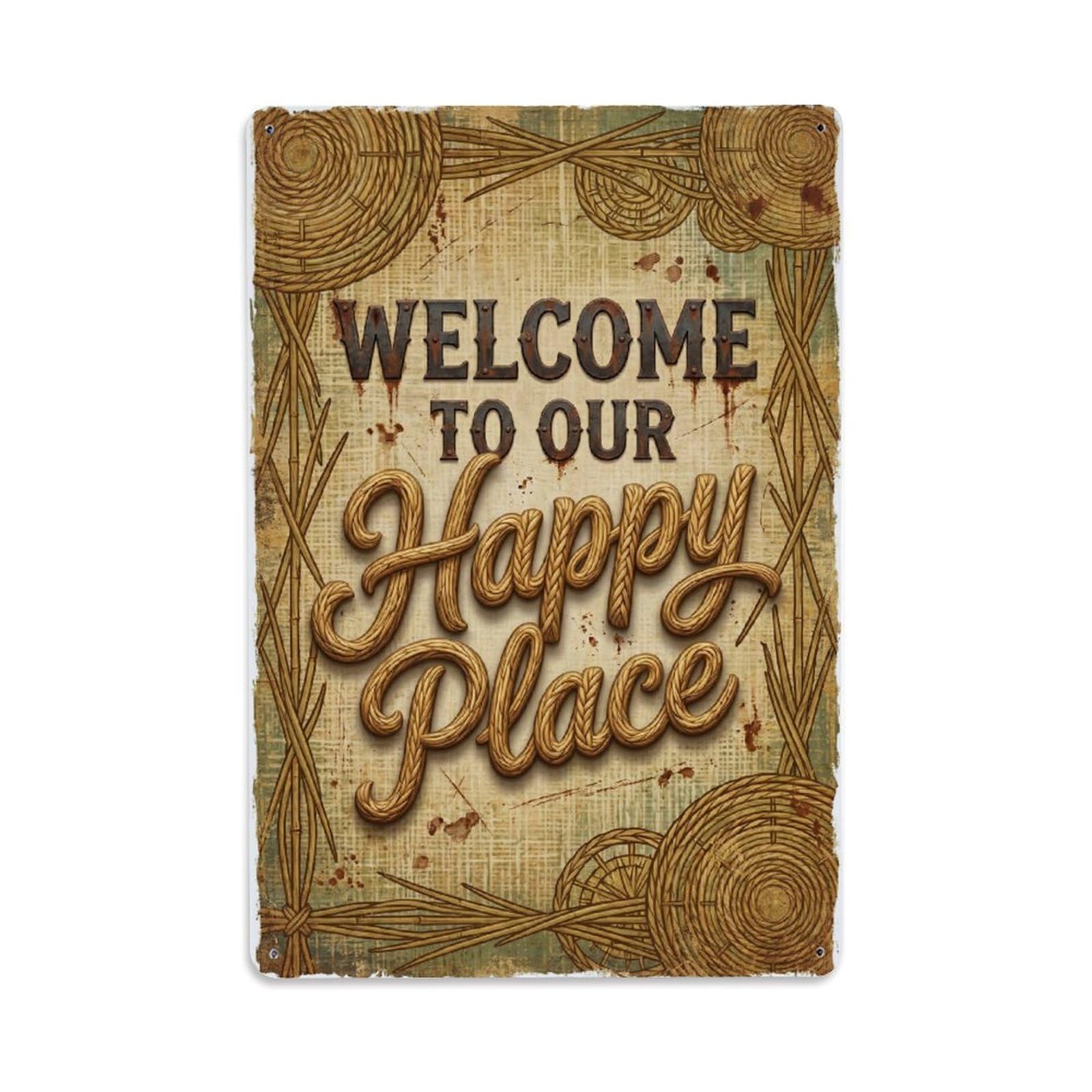 Welcome To Our Happy Place Vintage Rushworker Workshop Metal Tin Sign