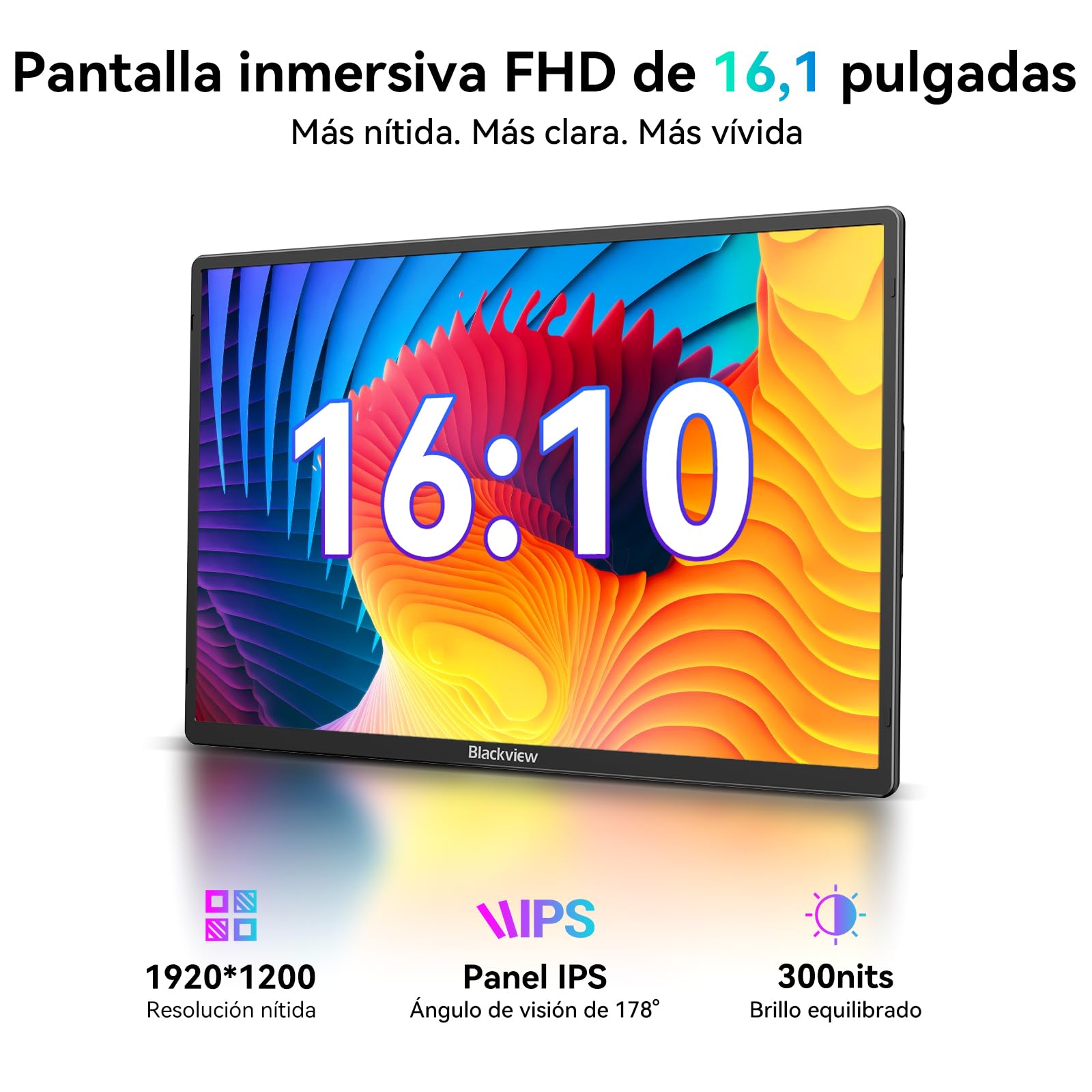 Blackview Monitor Portatil 16,1" FHD 1200P, Ultraligero Pantalla Portatil con Soporte Magnético 360°, Extensión de Pantalla para Portátiles 13-17,3", Plug & Play para Windows/Mac/PC/Xbox/PS5