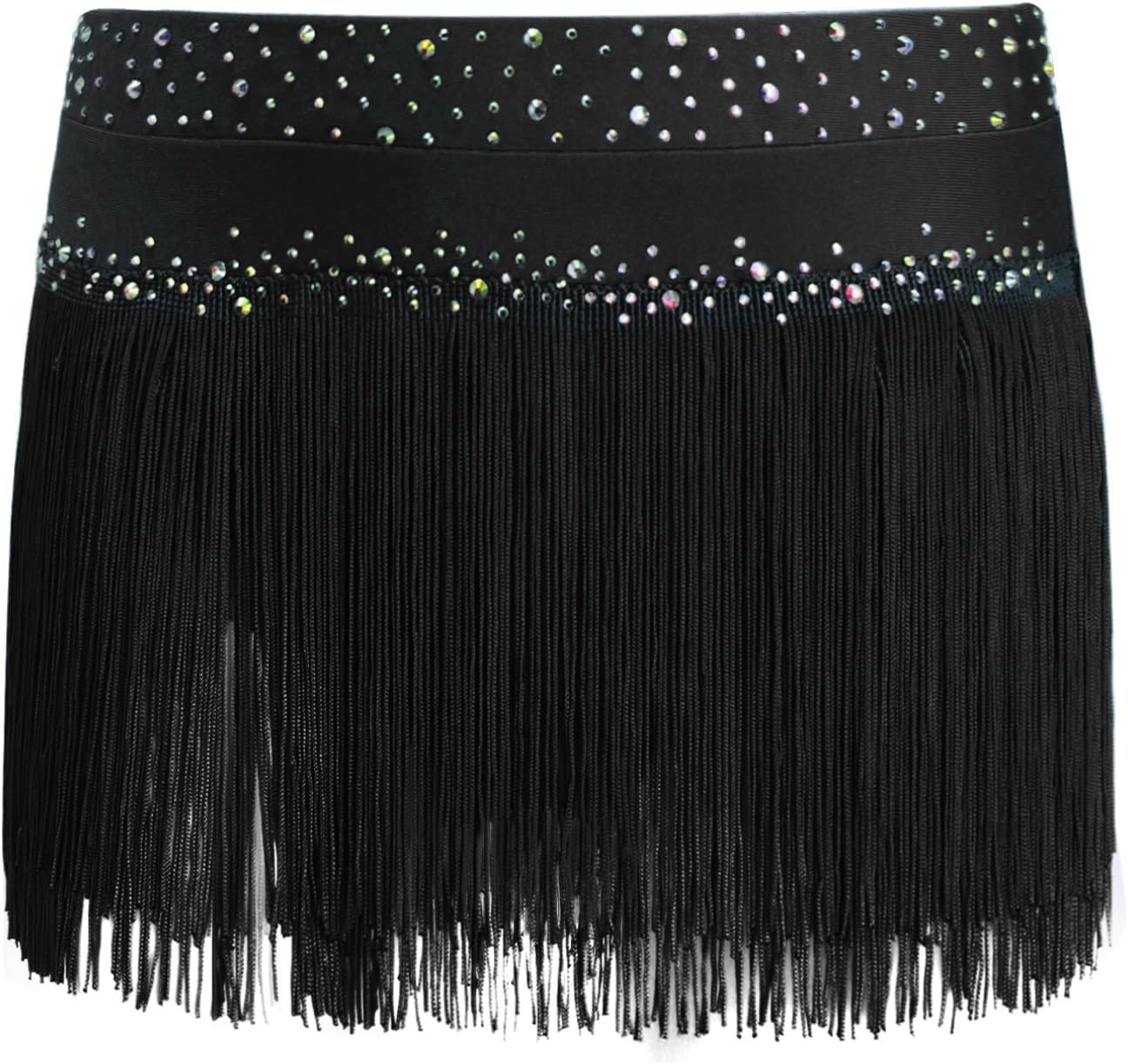 FEESHOW Kids Girls Latin Jazz Dance Skirt Rhinestones Tassels Salsa Rumba Cha Cha Fringe Mini Skirts Ballroom Dancewear