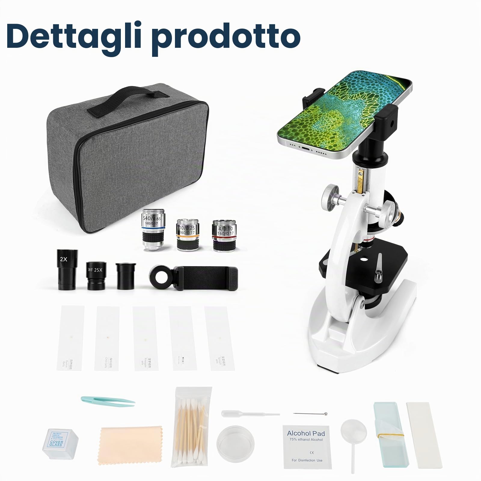 40-2000x microscopio in metallo professionale per adulti e bambini, con oculari 10x e 25x, 4x 10x 40x obiettivi, 2x lenti e set di accessori, ideale per biologia e metallurgia