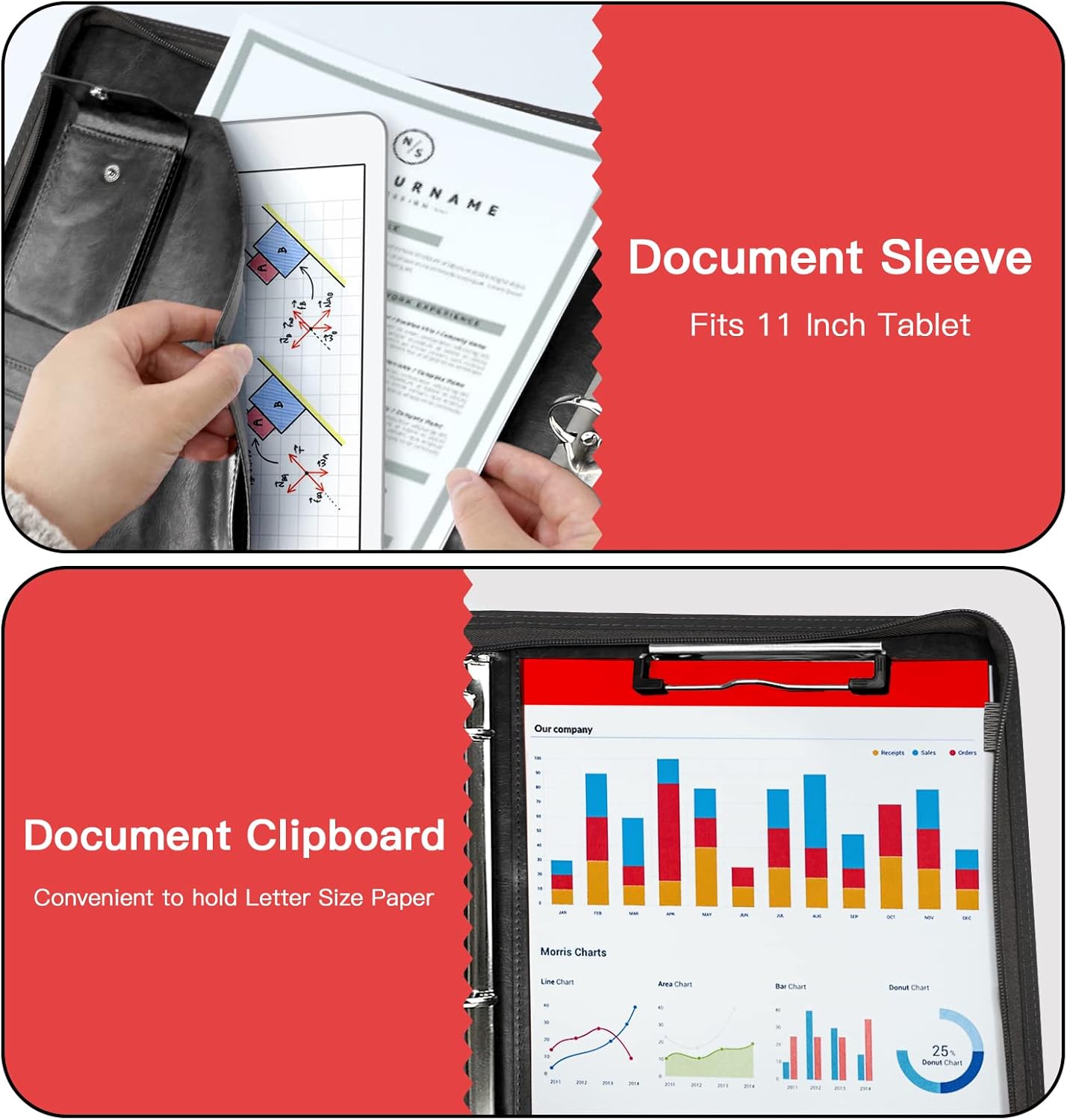 Zippered Portfolio Organizer, WRIYES Leather Padfolio with 3 Ring Binder, Professional Business Binder, Organizer for IPad/Document, Phone & Business Cards, Office Gifts for Men or Women (Black) - Image 3