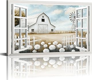 Barn Wall Art Bedroom Decor Farmhouse Painting Rustic Country Landscape Picture Open Window Prints Barn and Flower Painting Windmill Poster for Bathroom Living Room Decor Framed(Far-03,12"x18")