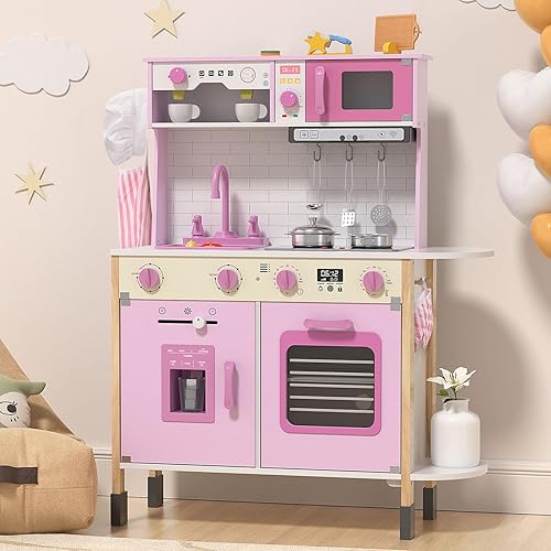 BIERUM Juego de cocina, juego de cocina de madera para niños pequeños con luces y sonidos reales, juguetes de cocina de altura ajustable con 30