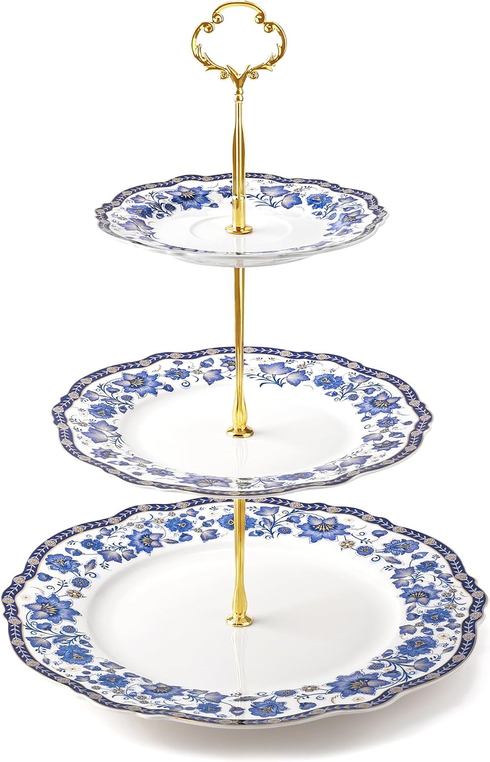 fanquare 3-Tier Blue British Porcelain Cupcake Stand, Elegant Floral Fruit Plate with Gold Trim, Dessert Stand for Birthday, Wedding, Tea Party