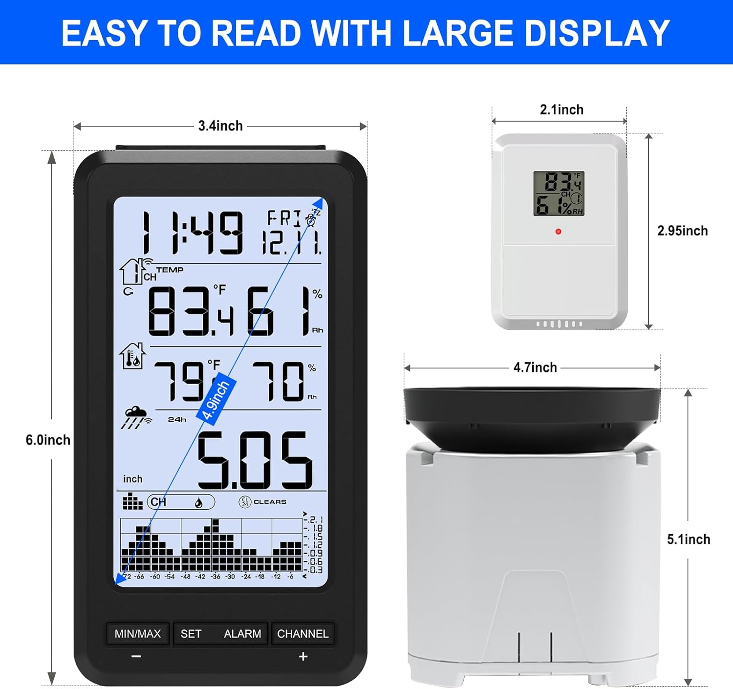 Urageuxy Wireless Rain Gauge Outdoor, Digital Rain Gauge with Self-Emptying Rain Collector, Monitoring Rainfall, Indoor/Outdoor Temperature, Min/Max Records, Alerts for Yard, Garden, Farm