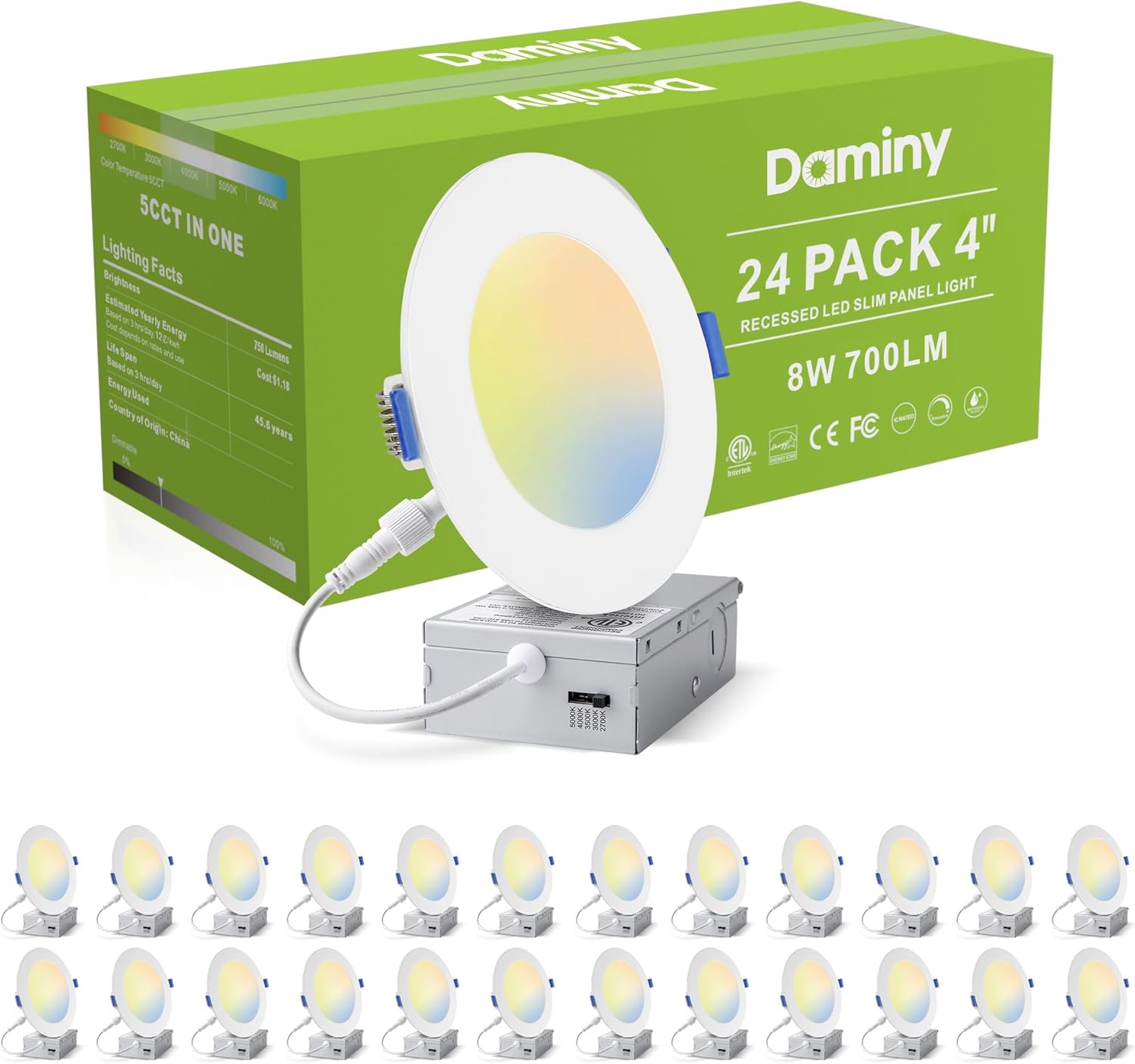 Daminy 4-inch LED recessed light with junction box and packaging, showing a 24-pack.