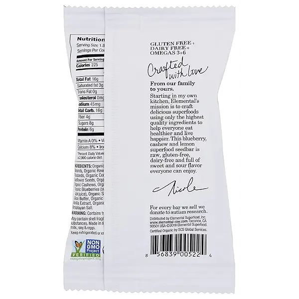 Elemental Superfood Seedbar, Blueberry, Cashew, and Lemon, 1.8 OZ EA (single bar), Refrigerated Bar, Non-GMO Verified, Organic Ingredients, Gluten-Free, Dairy-Free, Plant-Based 2