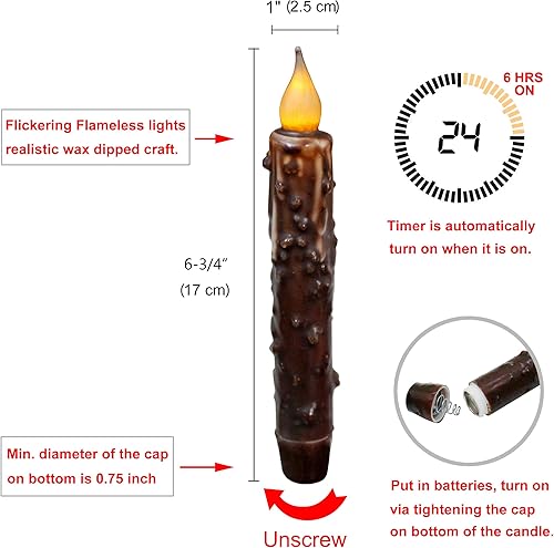 Miniatura 6 de CVHOMEDECO. Velas de cera real sumergidas a mano, funciona con pilas, con temporizador, velas rústicas primitivas sin llama, 6-34 pulgadas, color
