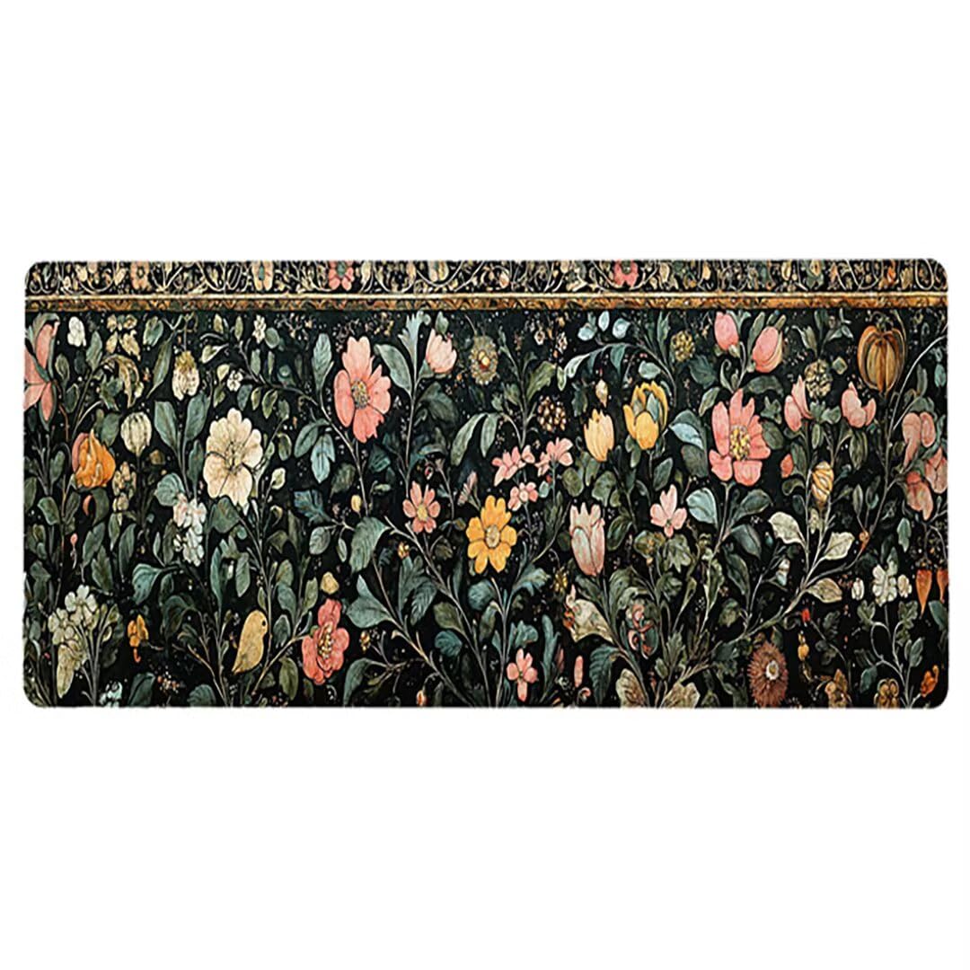 Gamingowa podkładka pod mysz XXL, 1600 x 800 x 3 mm, kwiatowa, antypoślizgowa, XXL, retro, duża, podkładka na biurko, nadaje się do prania, antypoślizgowa gumowa podstawa, szwy na krawędziach do
