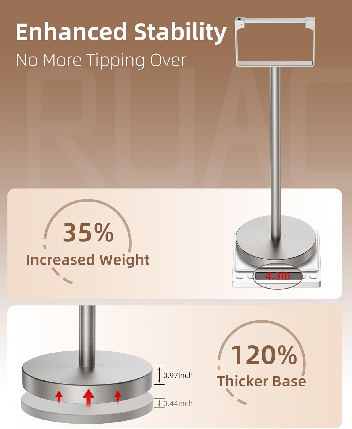 RUACQ Toilet Paper Holder Stand, Magnetic Closure Toilet Paper Stand with Lift-Up Rotating Arm, SUS304 Stainless Steel Bathroom Toilet Paper Holder Free Standing, Weighted Base (Brushed Nickel)