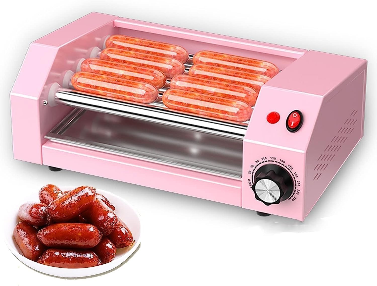 Máquina de rodillo for perritos calientes de encimera, parrilla for perritos calientes, calentador de perritos calientes doméstico de acero inoxidable con 5 rodillos antiadherentes, control(Pink)