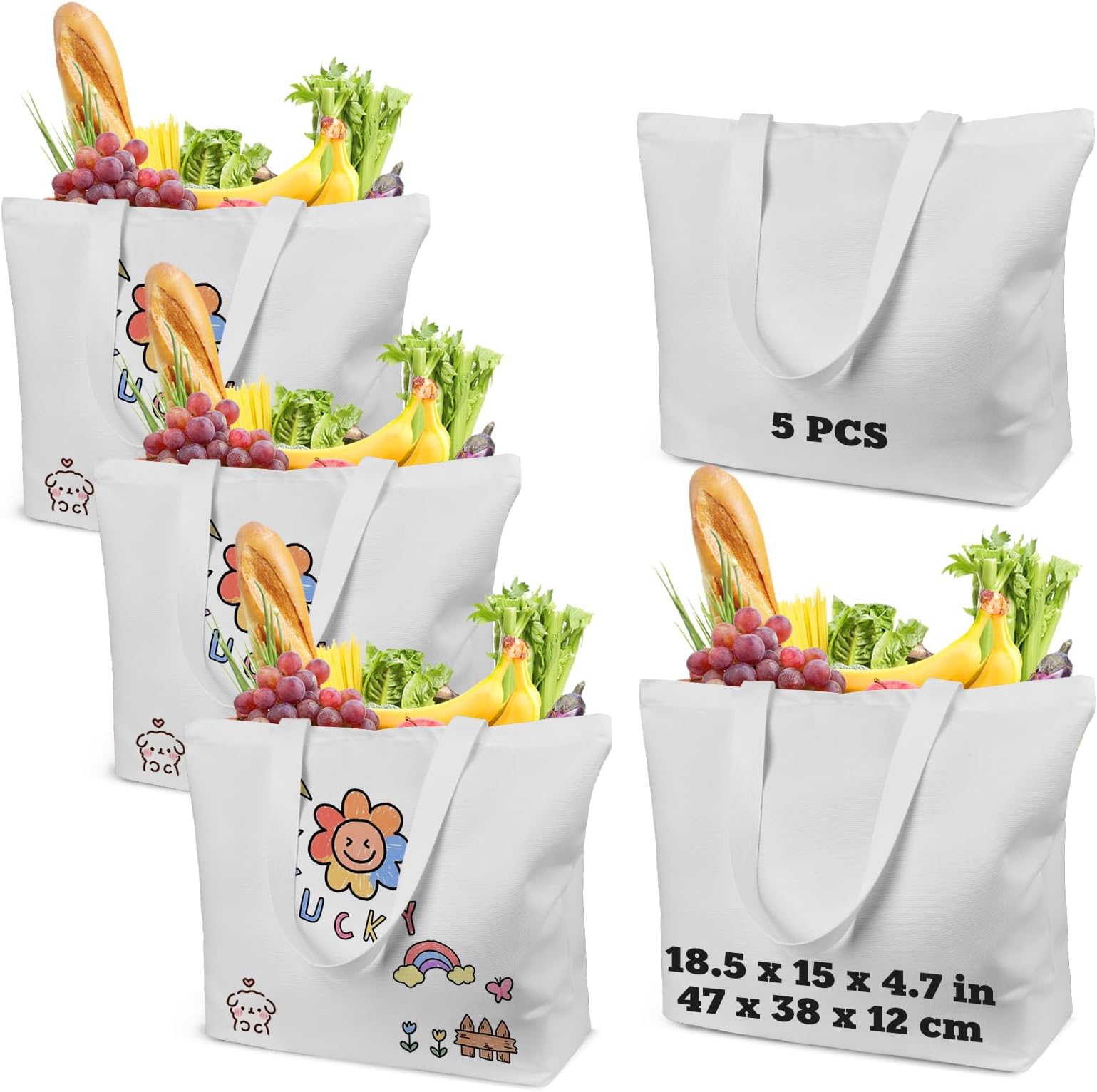 WeStar Sublimation Large Full Polyester Tote Bag Bulk with Zipper,Long Handle,Reusable Grocery Bags Shopping Cloth Bags