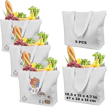 WeStar 5 Pack Sublimation Tote Bags with Zipper, 12oz Heavy Duty 100% Polyester Blank Tote Bags for Heat Transfer & HTV, Large Reusable DIY Craft Bags for Cricut Printing 18.5" x 15" x 4.7"
