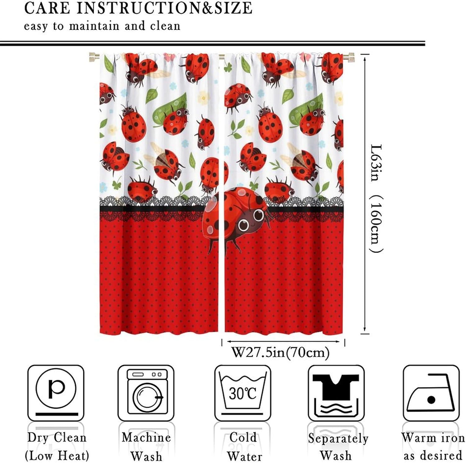 Brebasf Cute Cartoon Animal Ladybug Rod Pocket Blackout Curtains for Living Room,Noise Reduction Abstract Modern Art Spring Forest Green Leaf Ladybugs Bedroom Curtains,2 Panels 63" L x 27.5" W