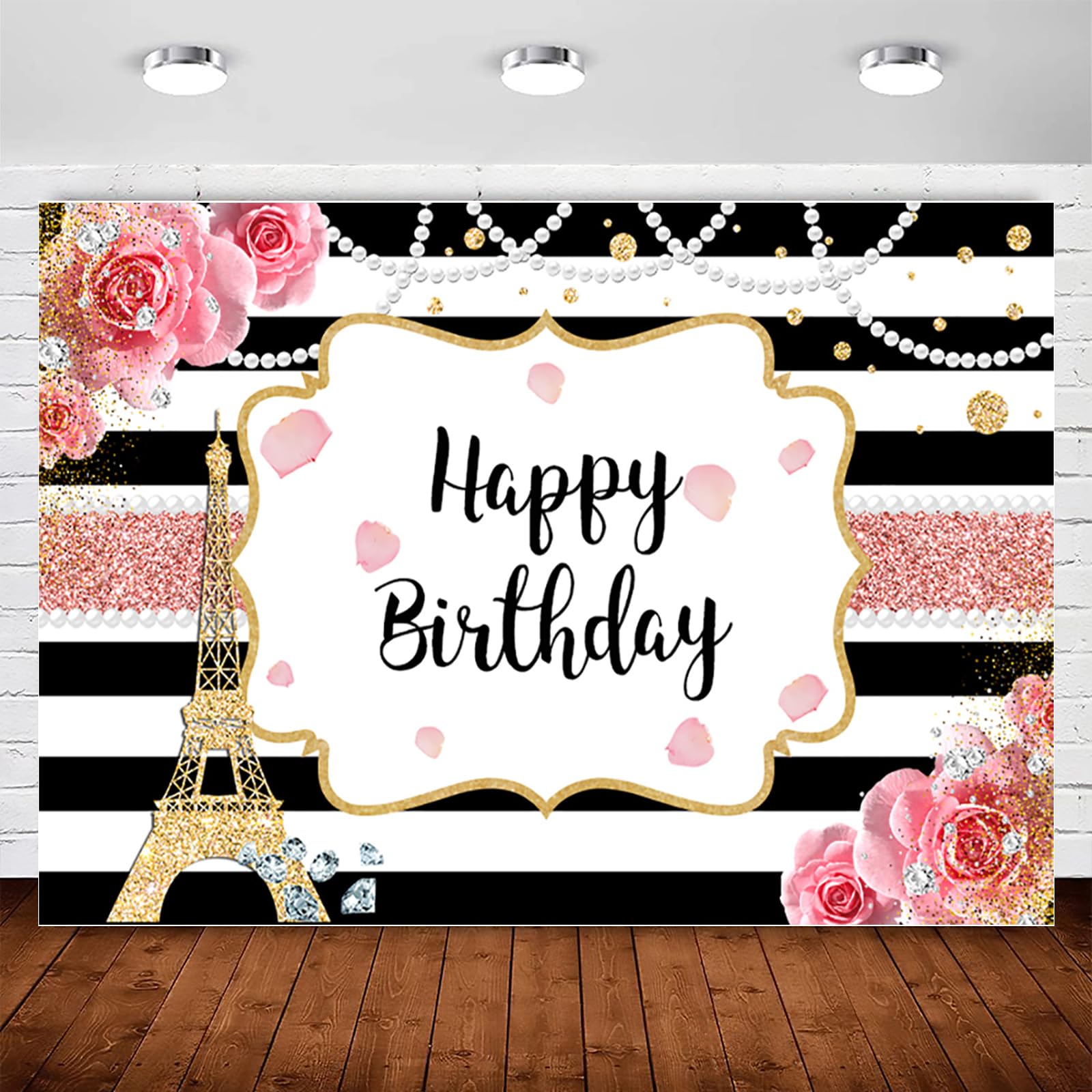 InMemory Paris Themed Happy Birthday Backdrop Banner Party Decorations Pink Rose Floral Eiffel Tower Photography Background for Women Girls Sweet Bday