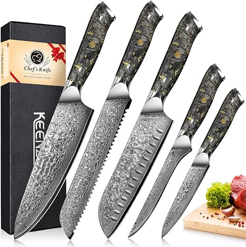 KEENZO Juego de cuchillos de Damasco, juego de 5 cuchillos de cocina profesionales, juego de cuchillos de chef afilados. Juego de cuchillos de acero