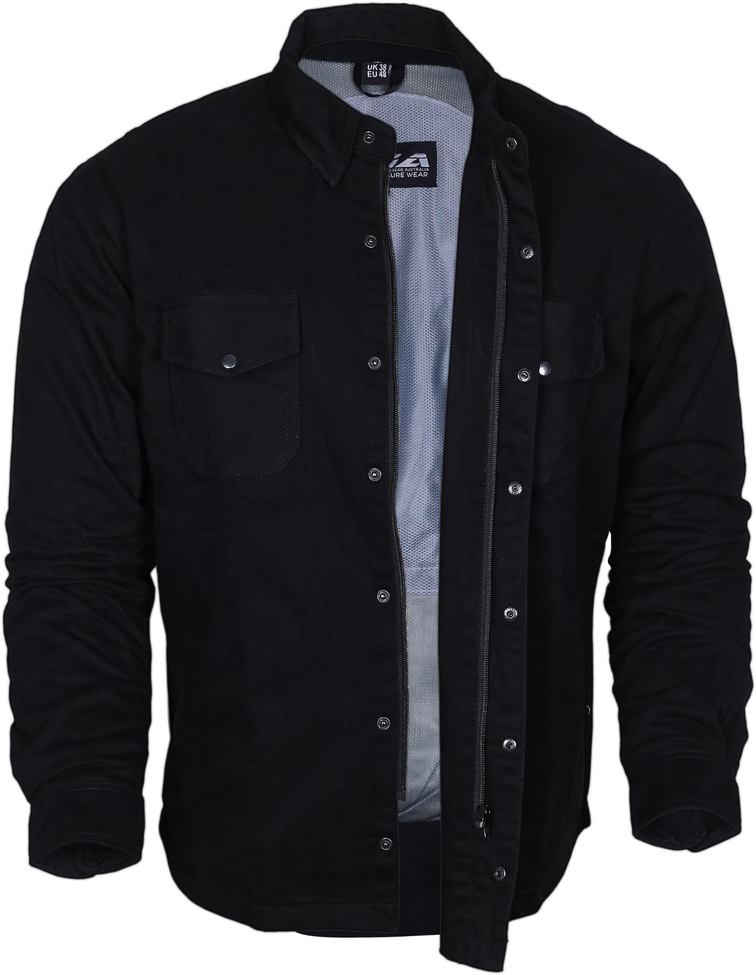 Bikers Gear Australia Motorcycle Kevlar Aramid Lined Protective Flannel Shirt Solid Black with CE 1621-1 Removable