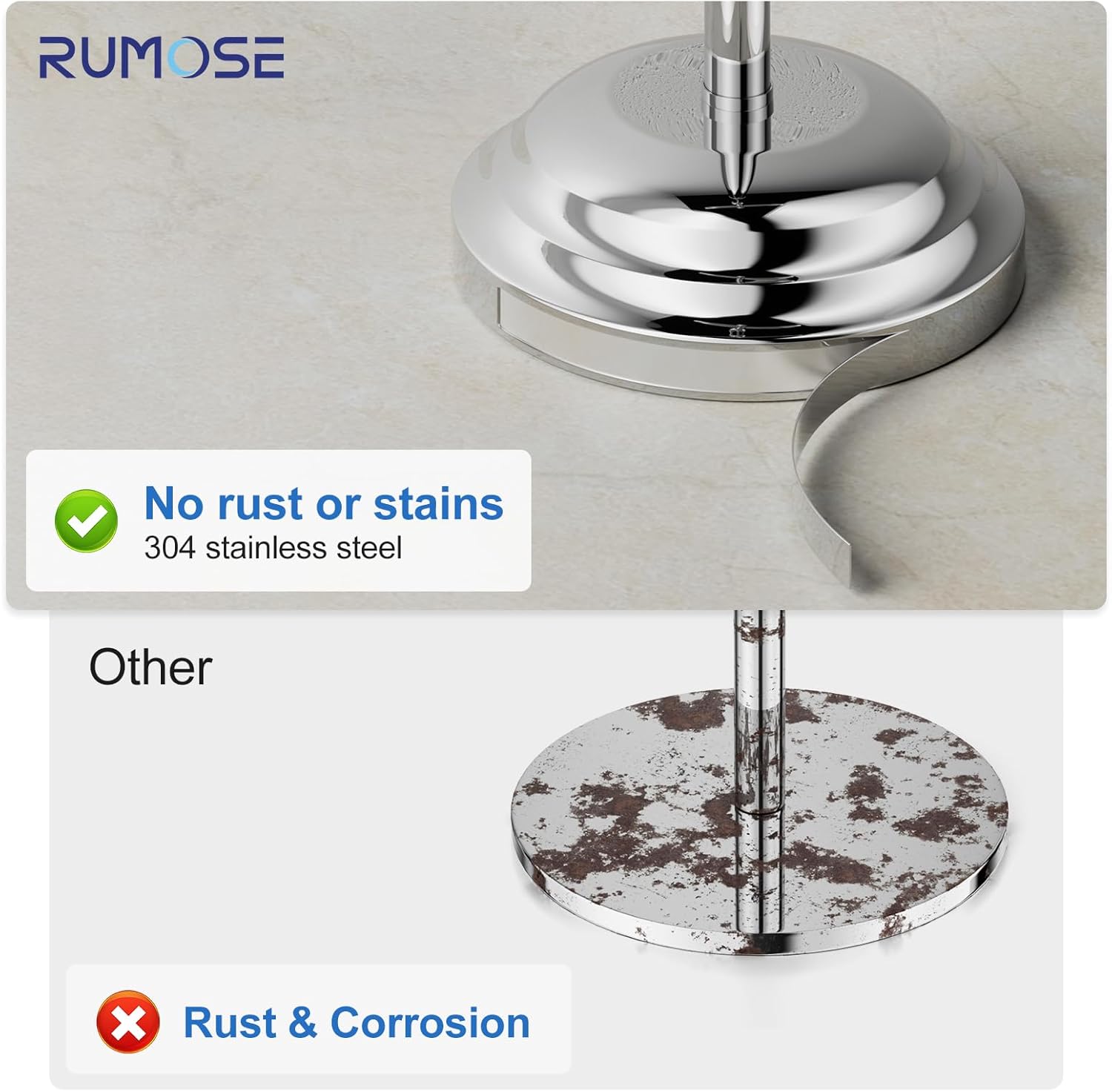 RUMOSE Toilet Paper Holder Stand for Floor, Polished Chrome Bathroom Free Standing Toilet Tissue Roll Holder with Storage, Adjustable 17-25 Inch, SUS304 Stainless Steel