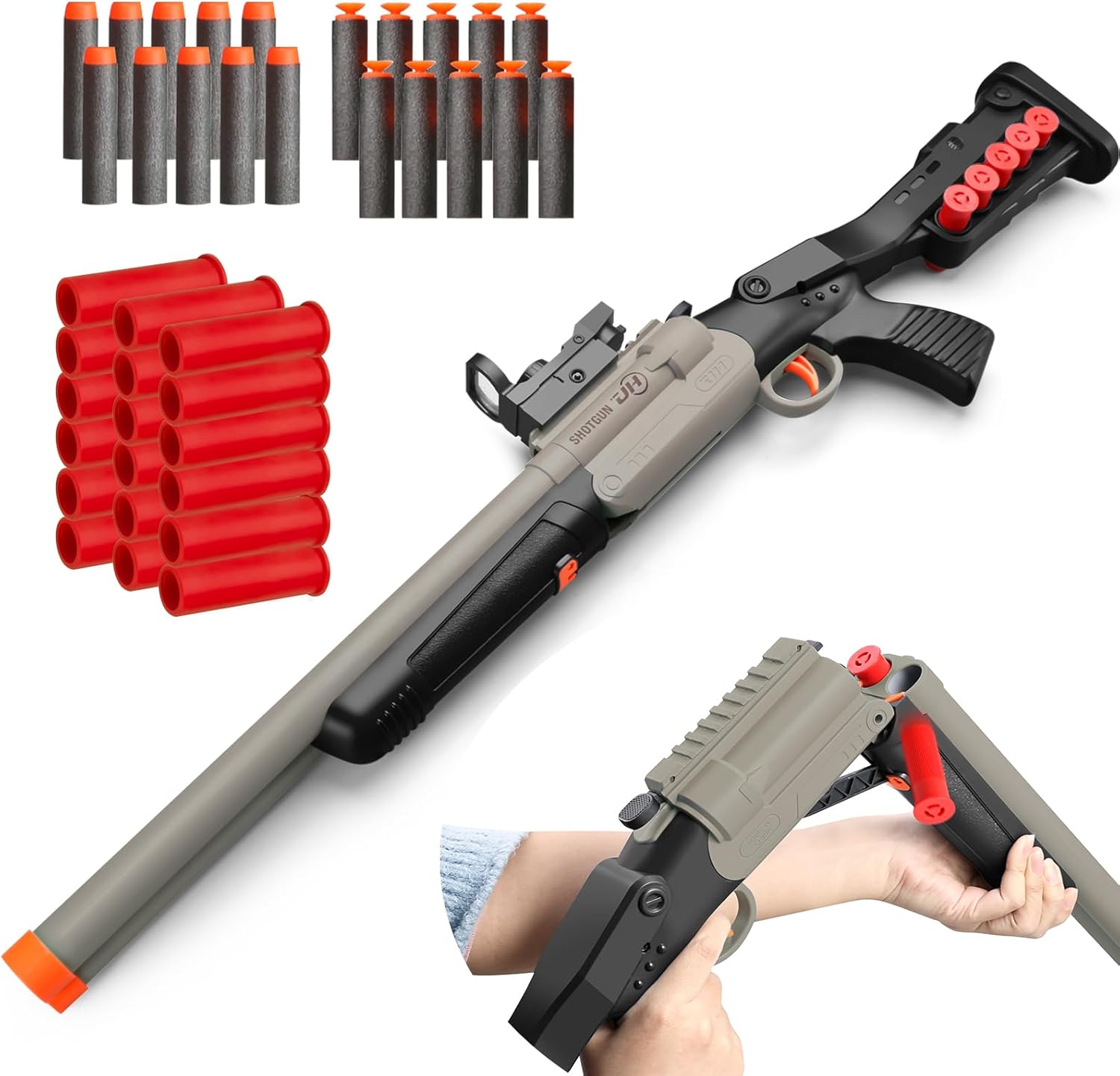 Safe Toy Double Barrel Gun for Boy with Ejecting Shell Soft Bullets,Realistic Model Shotgun Toys Foam Blaster Play Gun Toy with Soft Bullet Look Real Action Model for Children (Double_Brown)