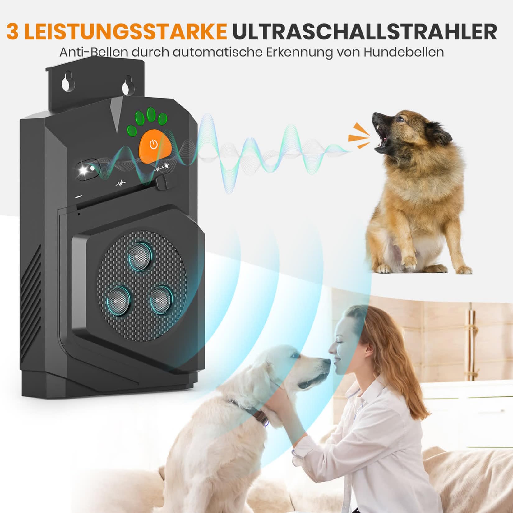 Antiladridos para perros, dispositivo antiladridos ultrasónico, dispositivo antiladridos para perros con 3 modos, alcance de 15 m, función antiladridos automática, tope ultrasónico para