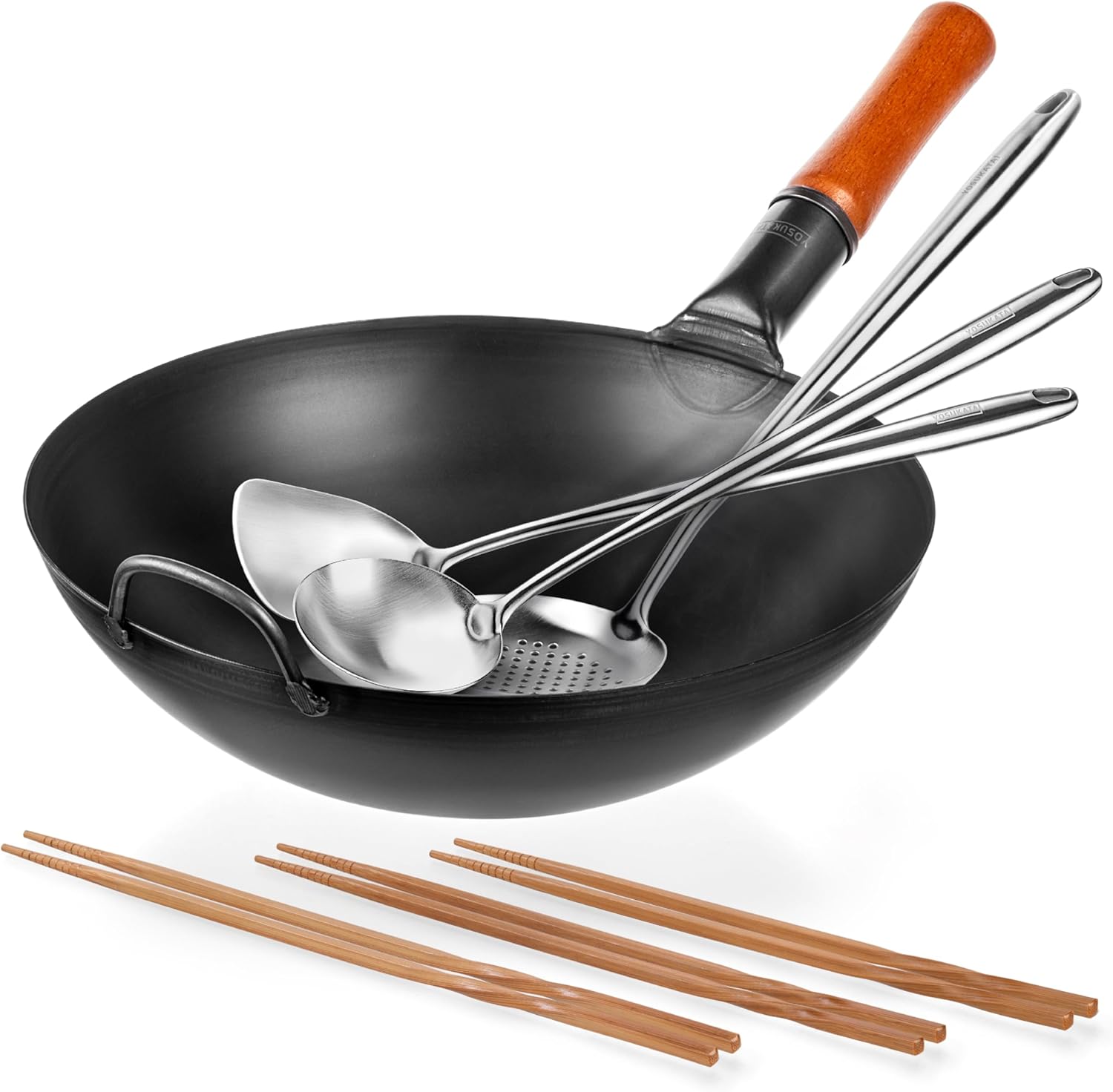 YOSUKATA Carbon Steel Wok Pan – 13,5 “ Stir Fry Pans - Chinese Wok with Flat Bottom + 17" Wok Spatula and Ladle Skimmer Spoon + Reusable Natural Wooden Long Cooking Chopsticks Set of 3 pairs