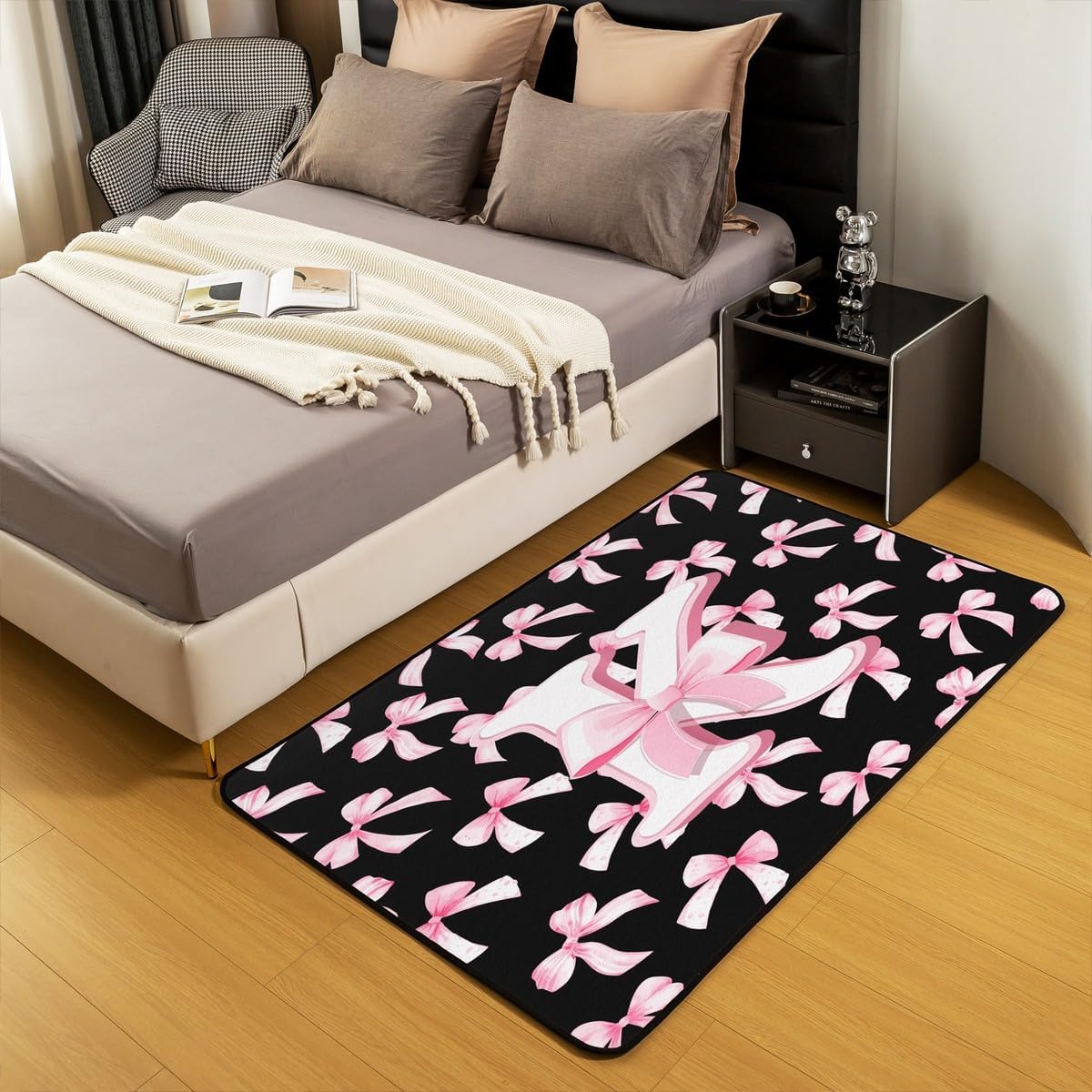 jejeloiu Kids Pink Bow Area Rug 3x5 Initial Letter K Living Room Rugs Bedroom Bow Decor Carpet with Non-Slip Backing Monogrammed Indoor Floor Mat Personalized Teen Girl Women Gifts Soft Polyester