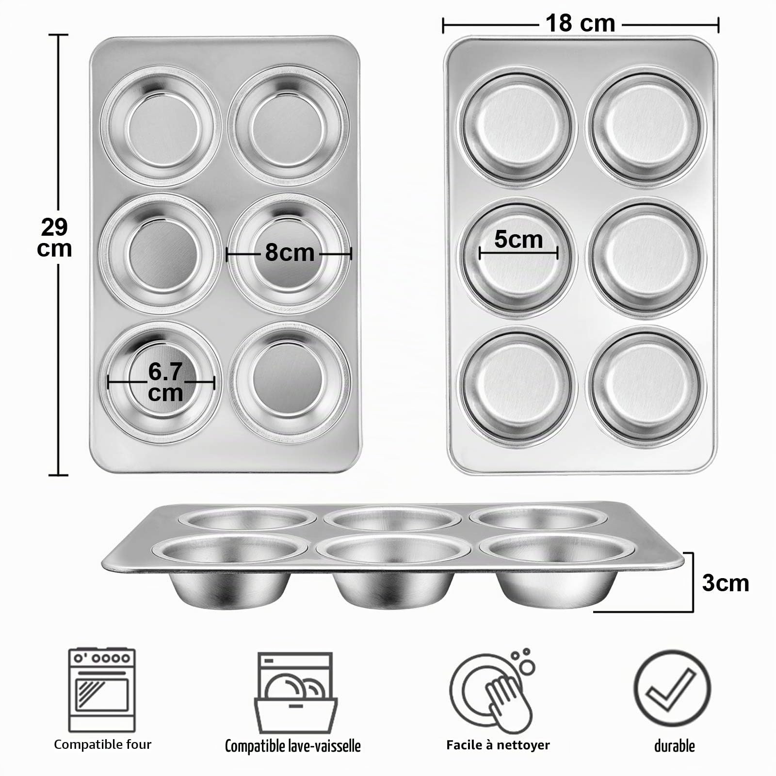Homikit Lot de 2 moules à muffins en acier inoxydable pour 6 muffins, cupcakes, puddings, brownies, 29 × 18 cm, non toxiques et sains, passent au lave-vaisselle